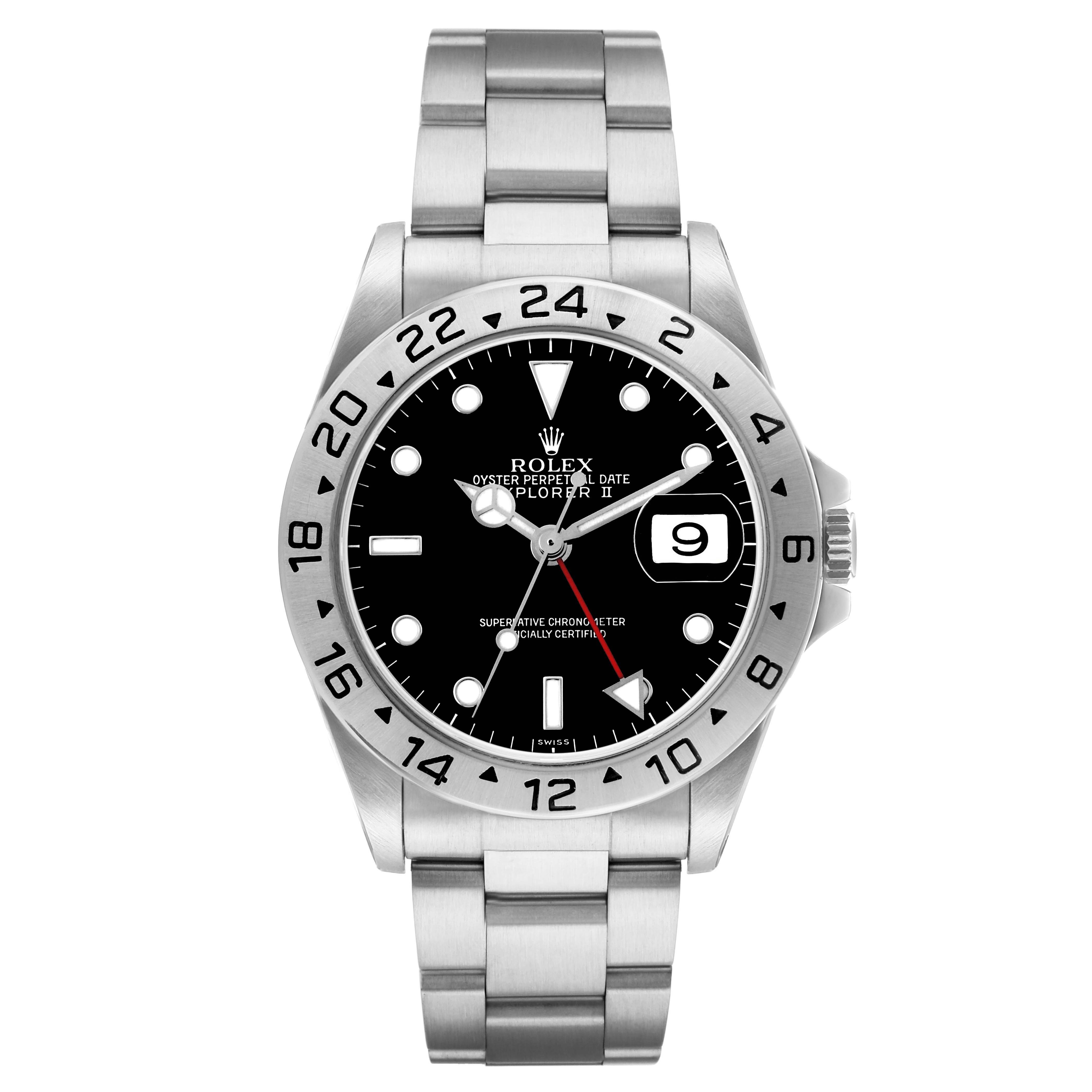 The Rolex Explorer 16570 Men
s Stainless Steel Black Dial II watch is shown from a straight-on angle, highlighting the dial, bezel, crown, and bracelet.
