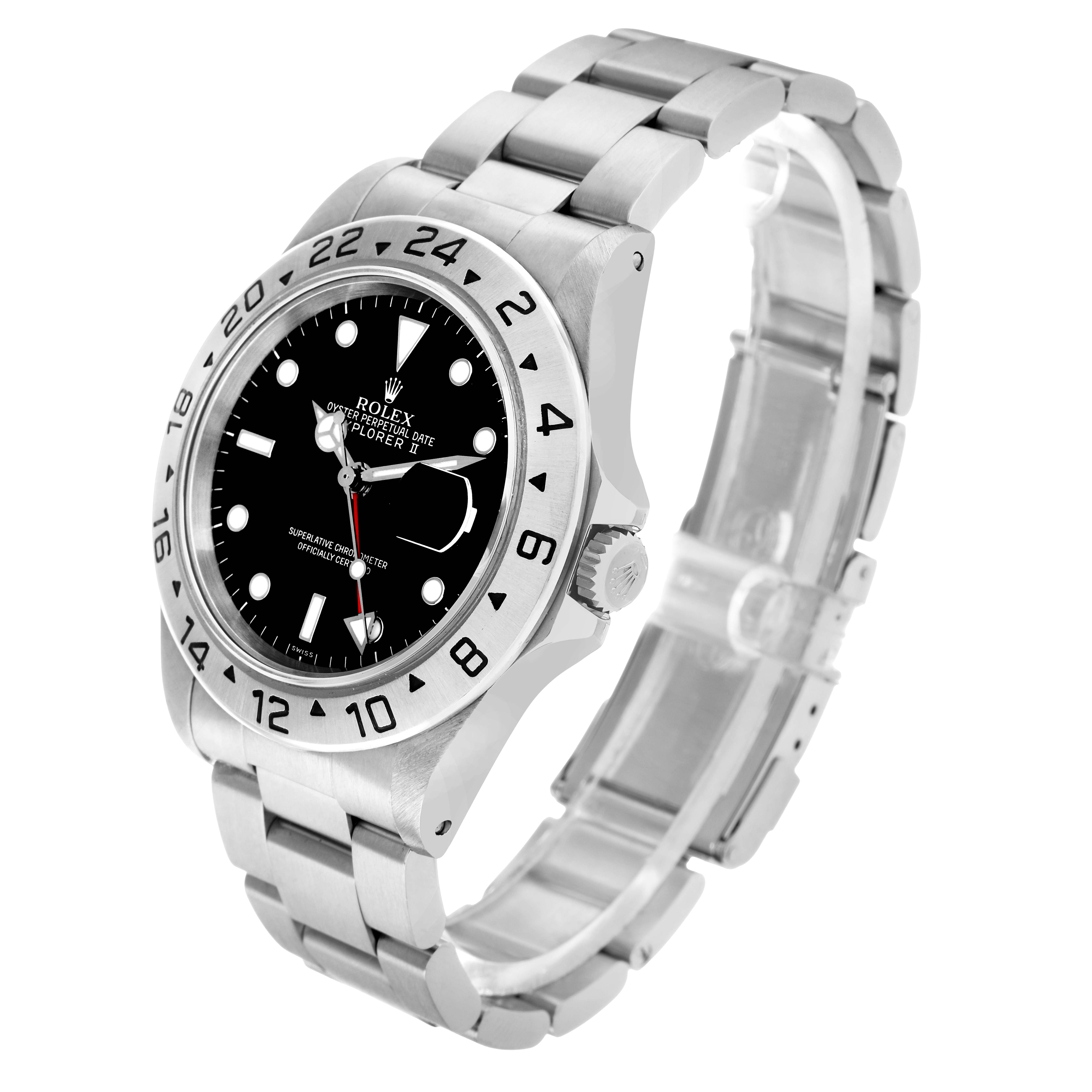 The Rolex Explorer 16570 Men
s Stainless Steel Black Dial watch is shown from a front-right angle, highlighting the dial, bezel, case, and bracelet.