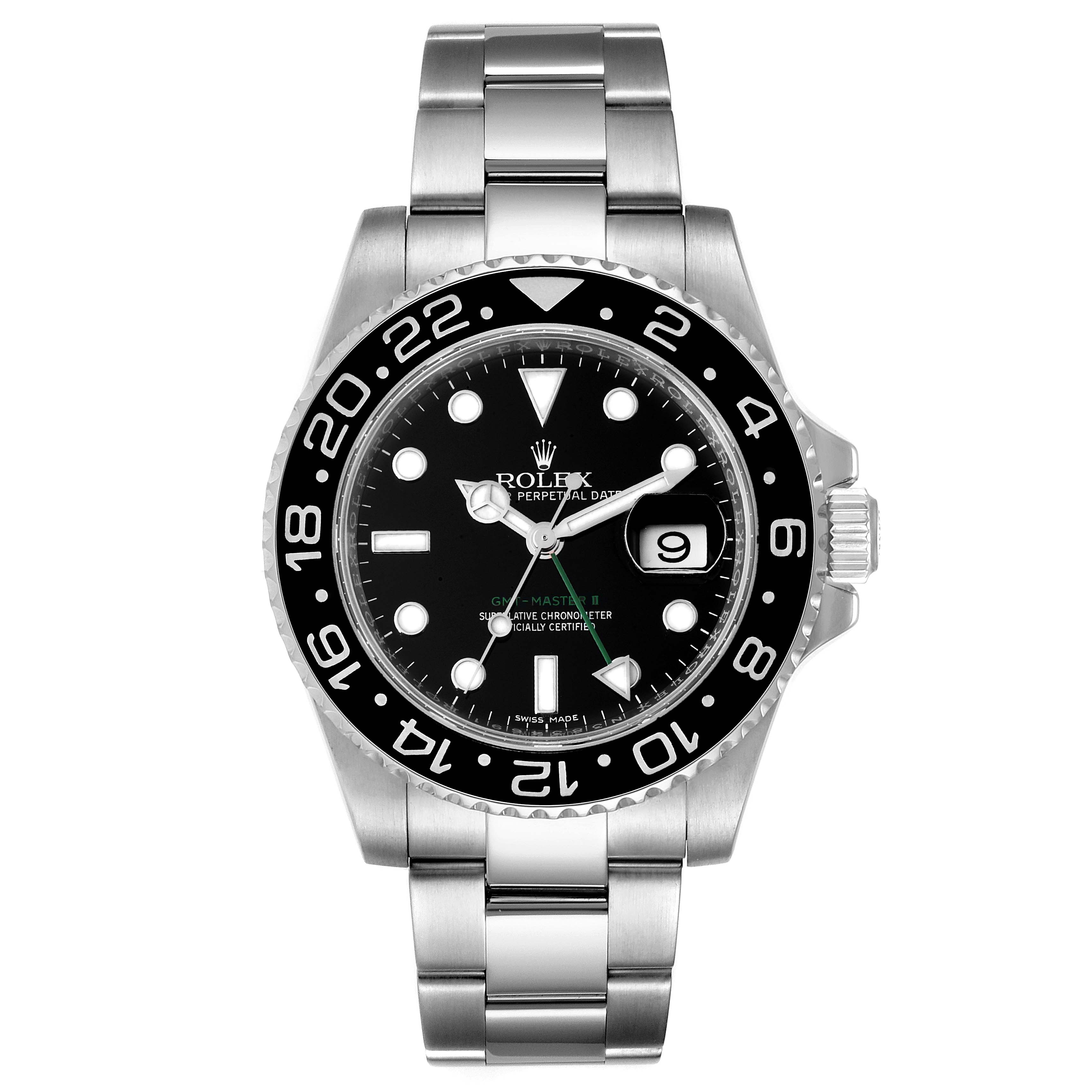 This image of a Rolex GMT-Master 116710 Men
s Stainless Steel Black Dial 116710 Men
s Stainless Steel Black Dial watch displays a front view, showing the dial, bezel, and bracelet.