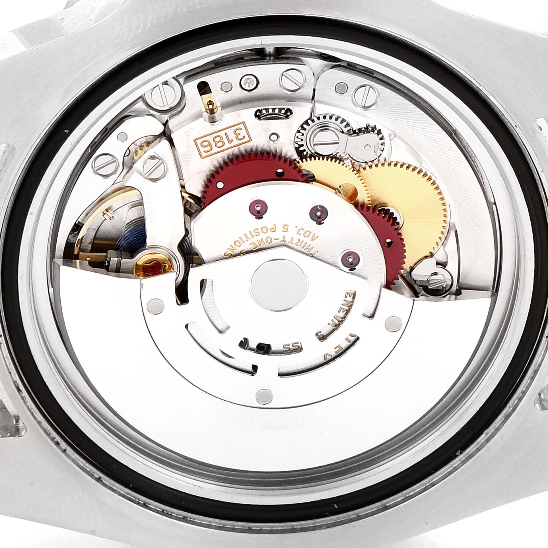 The image shows the internal mechanical movement of the Rolex GMT-Master 116710 Men
s Stainless Steel Black Dial 116710 Men
s Stainless Steel Black Dial watch from a close-up angle.