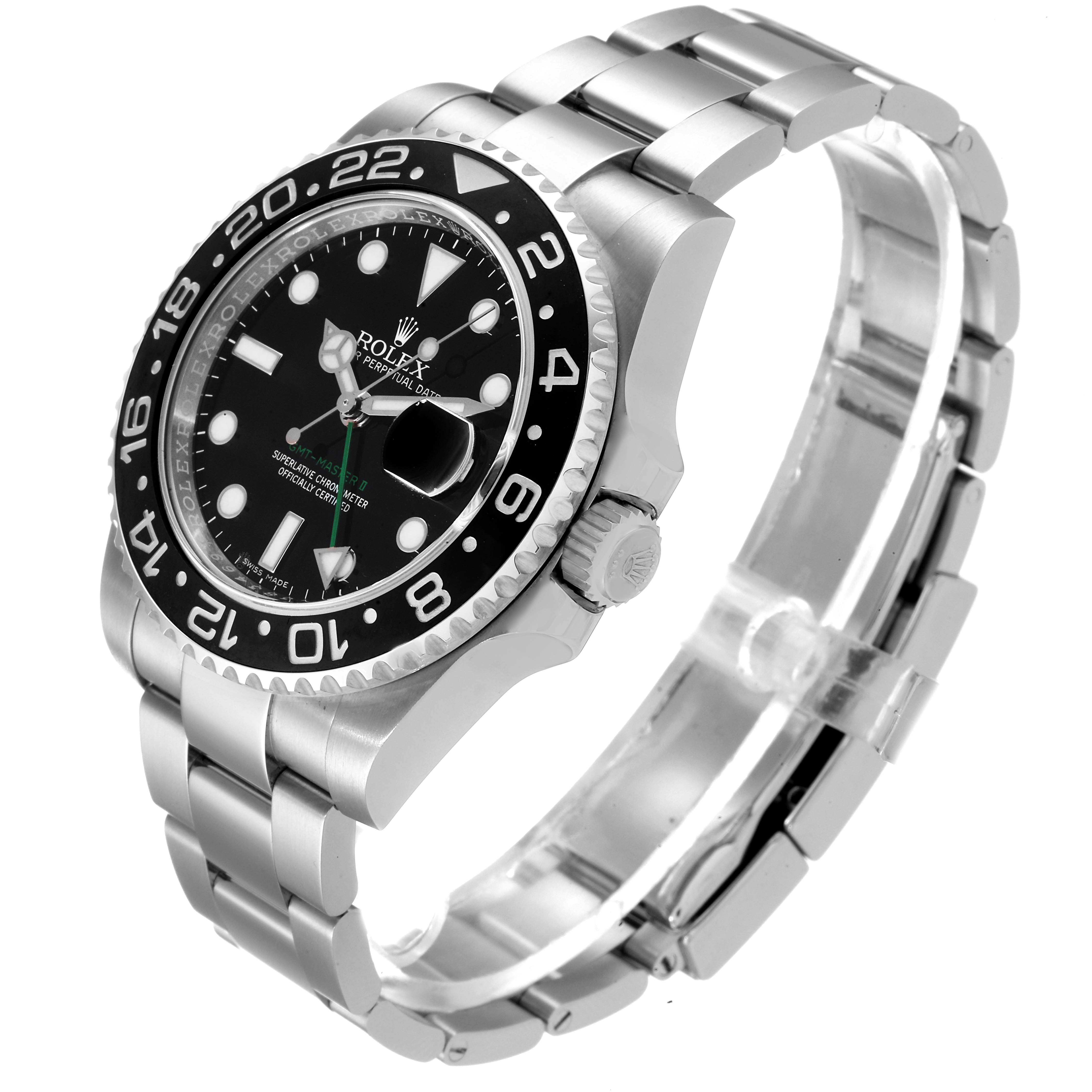 This image shows a Rolex GMT-Master 116710 Men
s Stainless Steel Black Dial 116710 Men
s Stainless Steel Black Dial watch at a three-quarter angle, highlighting the bezel, dial, bracelet, and crown.