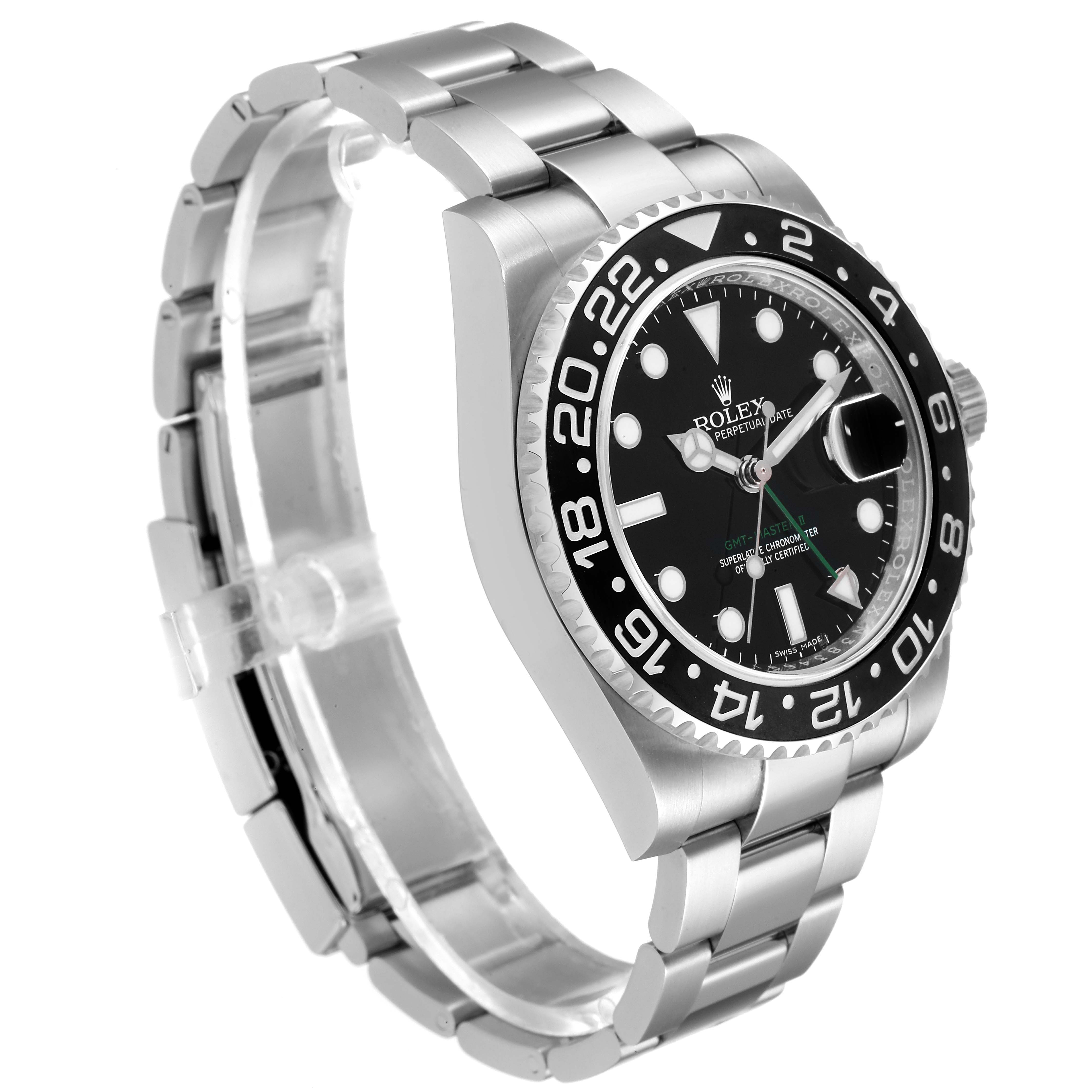 The image shows a Rolex GMT-Master 116710 Men
s Stainless Steel Black Dial 116710 Men
s Stainless Steel Black Dial watch at a three-quarter angle highlighting the face, bezel, and bracelet.
