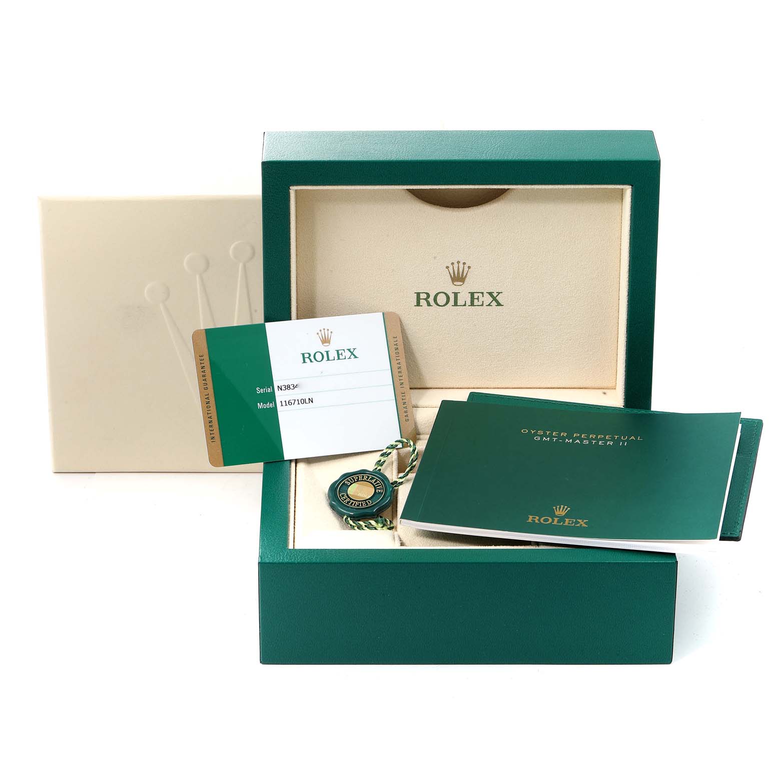 This image shows a Rolex GMT-Master 116710 Men
s Stainless Steel Black Dial 116710 Men
s Stainless Steel Black Dial watch box, warranty card, booklet, and Best Quality
ity tag, photographed from the front.