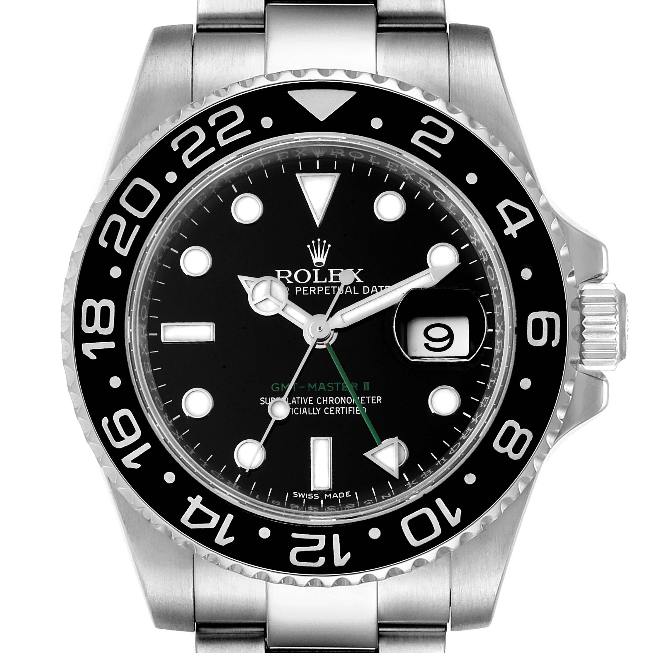 The image shows a front-facing angle of a Rolex GMT-Master 116710 Men
s Stainless Steel Black Dial 116710 Men
s Stainless Steel Black Dial II watch, displaying the dial, bezel, and part of the bracelet.