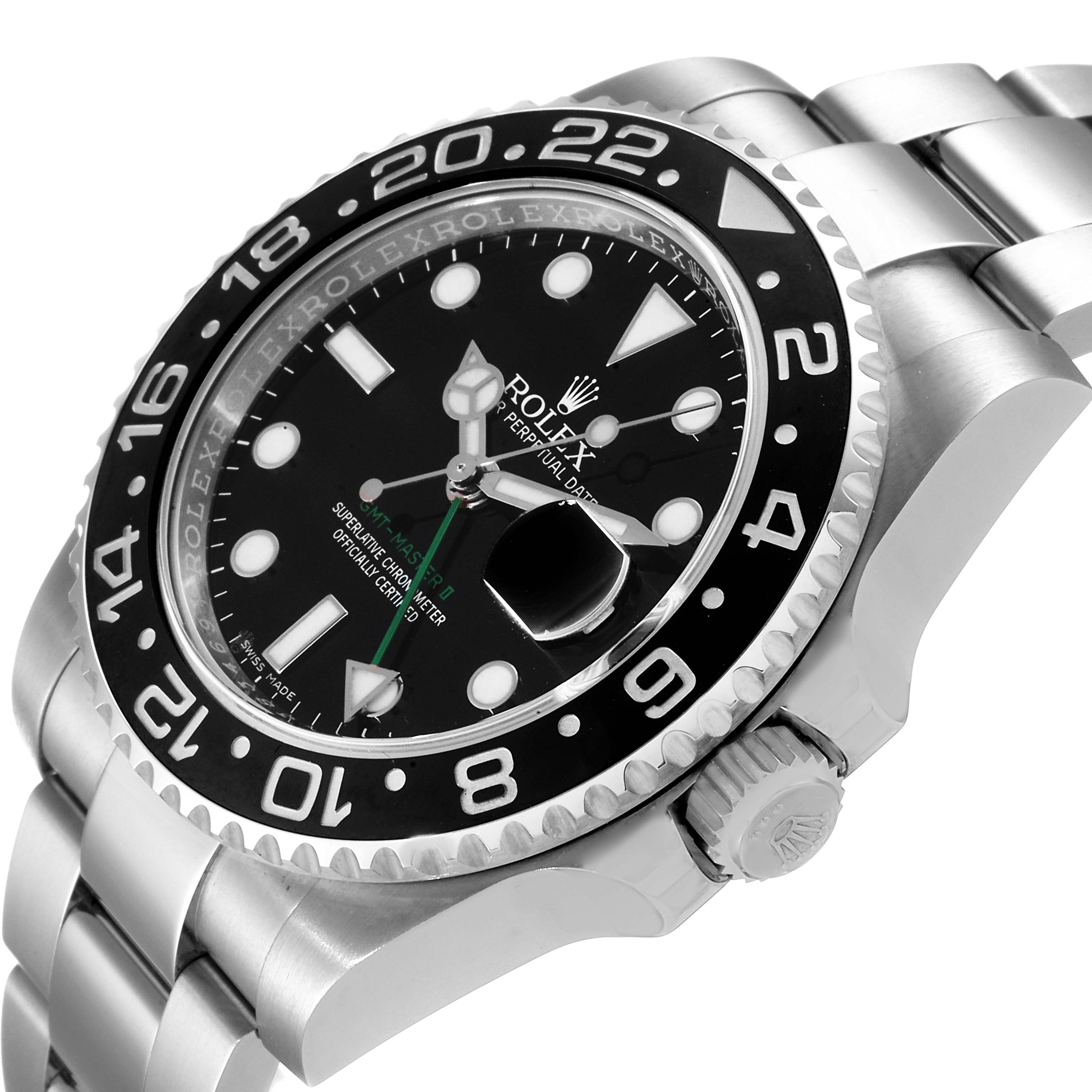 The image shows a Rolex GMT-Master 116710 Men
s Stainless Steel Black Dial 116710 Men
s Stainless Steel Black Dial watch angled from the side, displaying the bezel, dial, crown, and part of the bracelet.