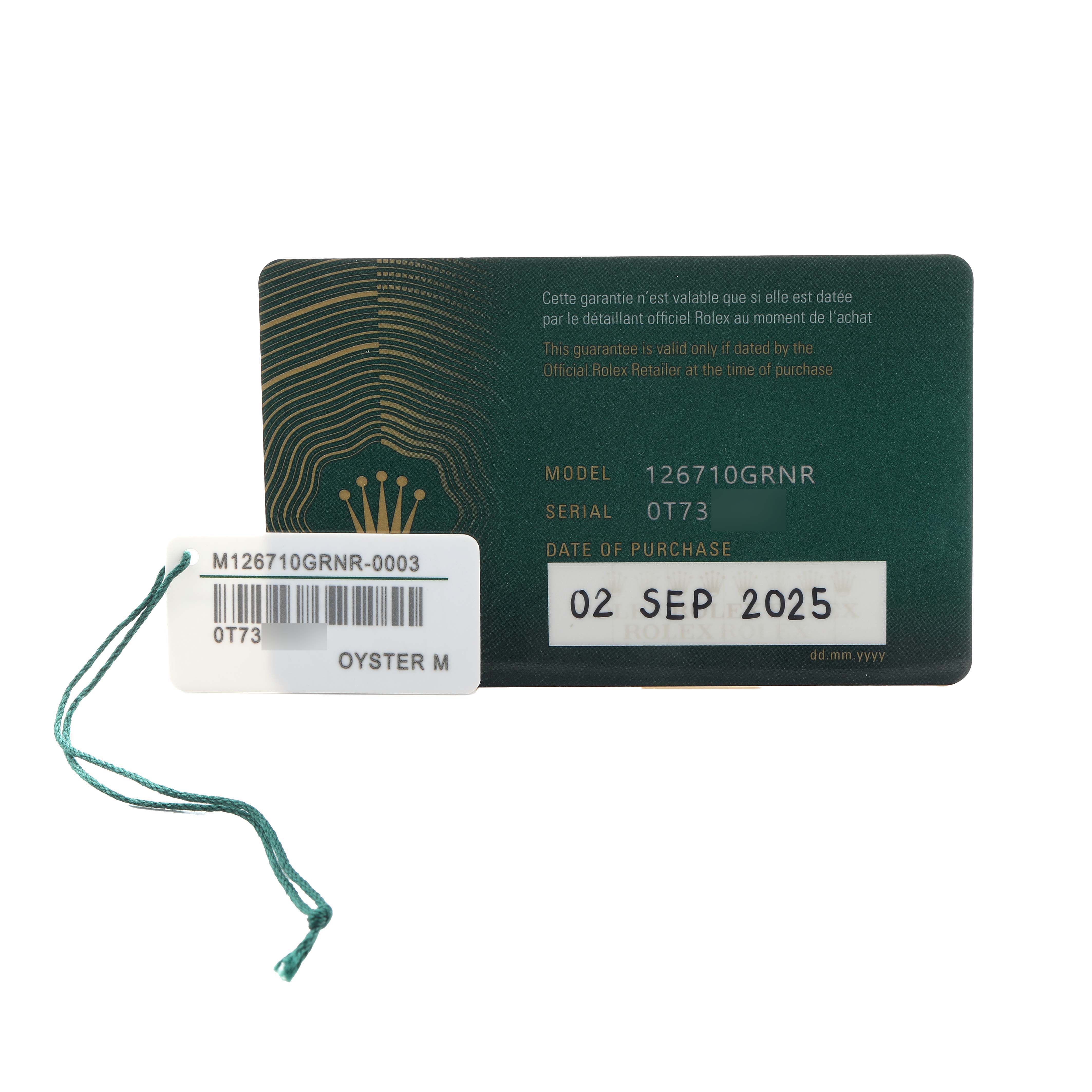 The image shows the warranty card for a Rolex GMT-Master 126710GRNR Men's Stainless Steel Black Dial model, with details like model and serial number.