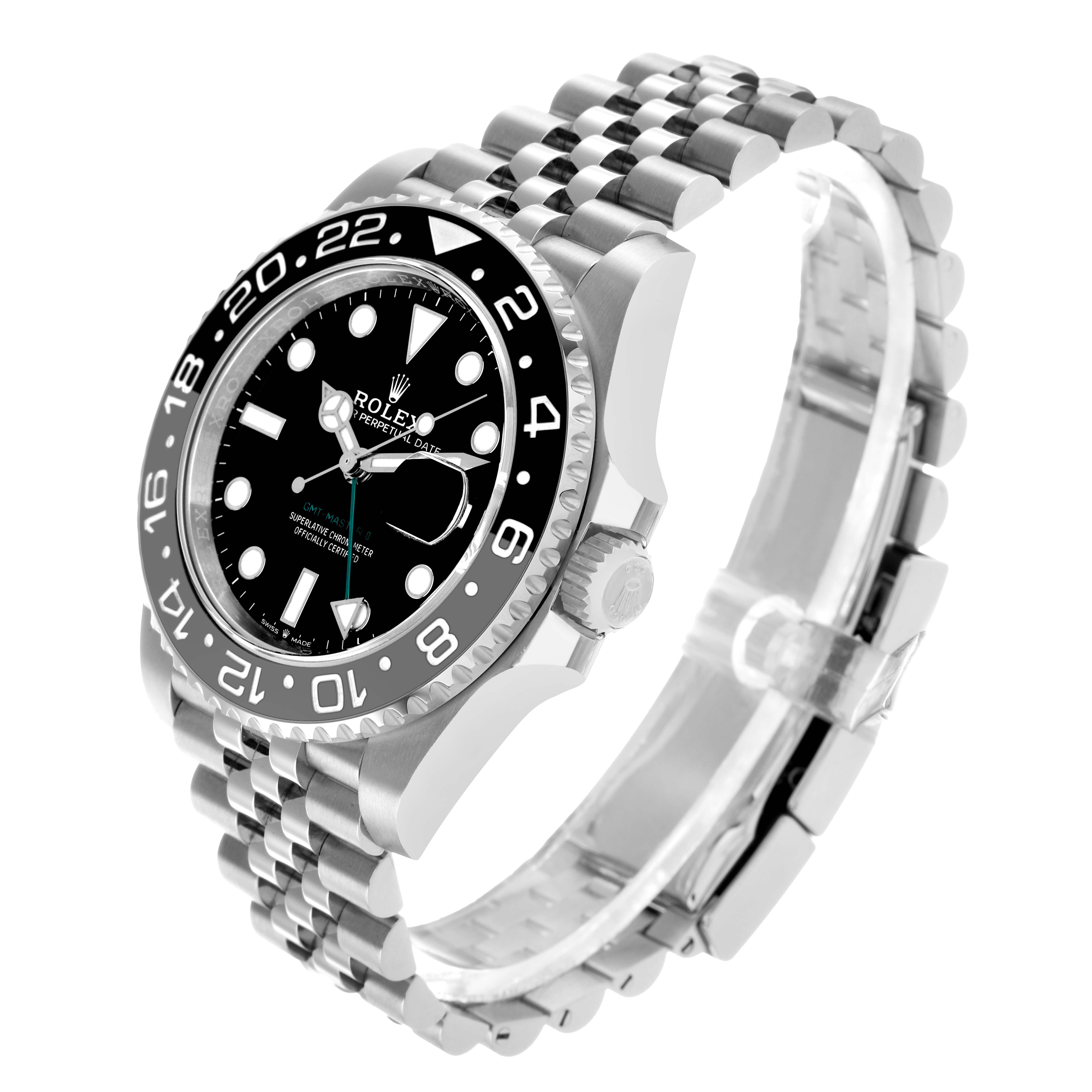 The Rolex GMT-Master 126710GRNR Men's Stainless Steel Black Dial watch is shown at a three-quarter angle, highlighting the bezel, dial, and bracelet.