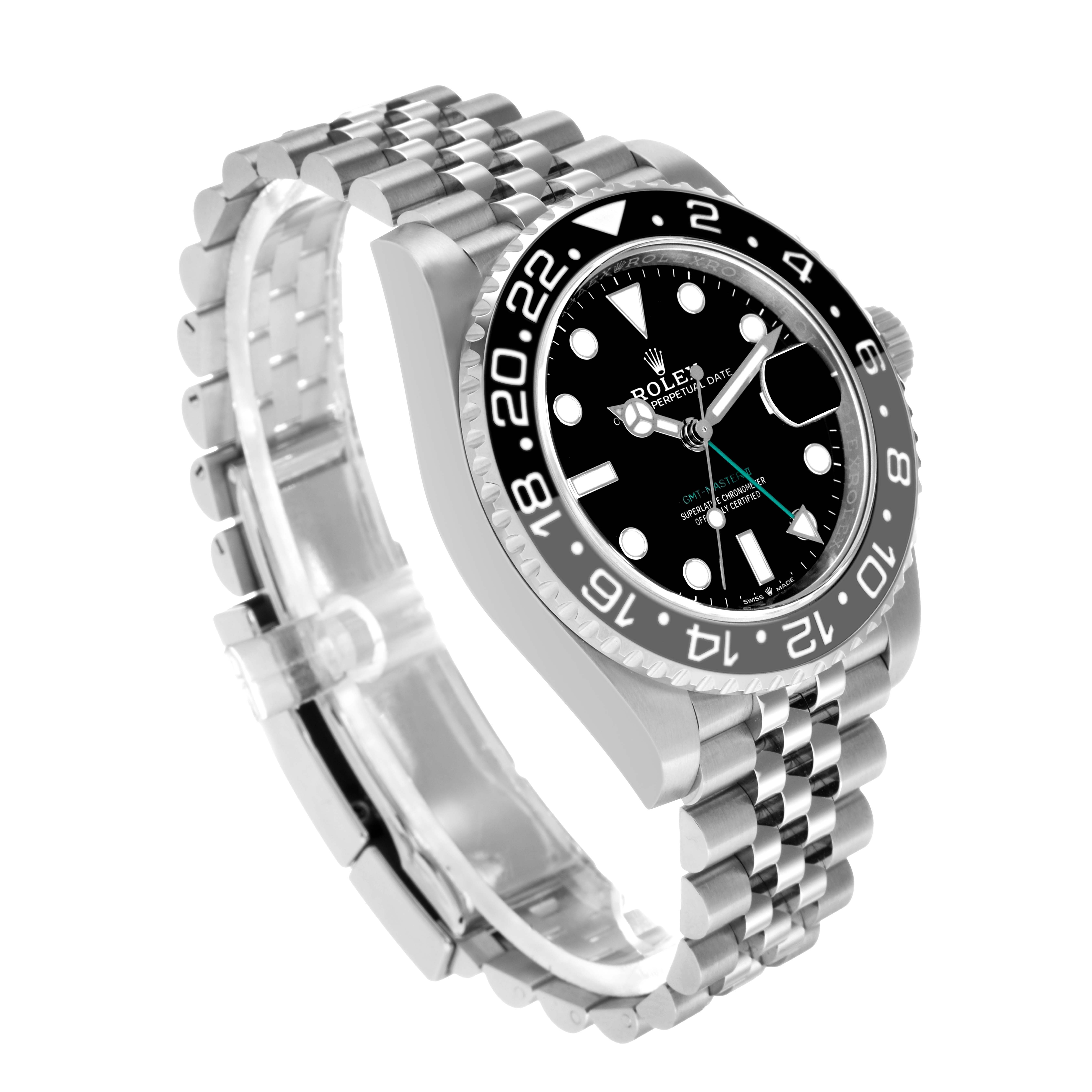 The Rolex GMT-Master 126710GRNR Men's Stainless Steel Black Dial watch is shown at a three-quarter angle, displaying the face, bezel, crown, and bracelet.