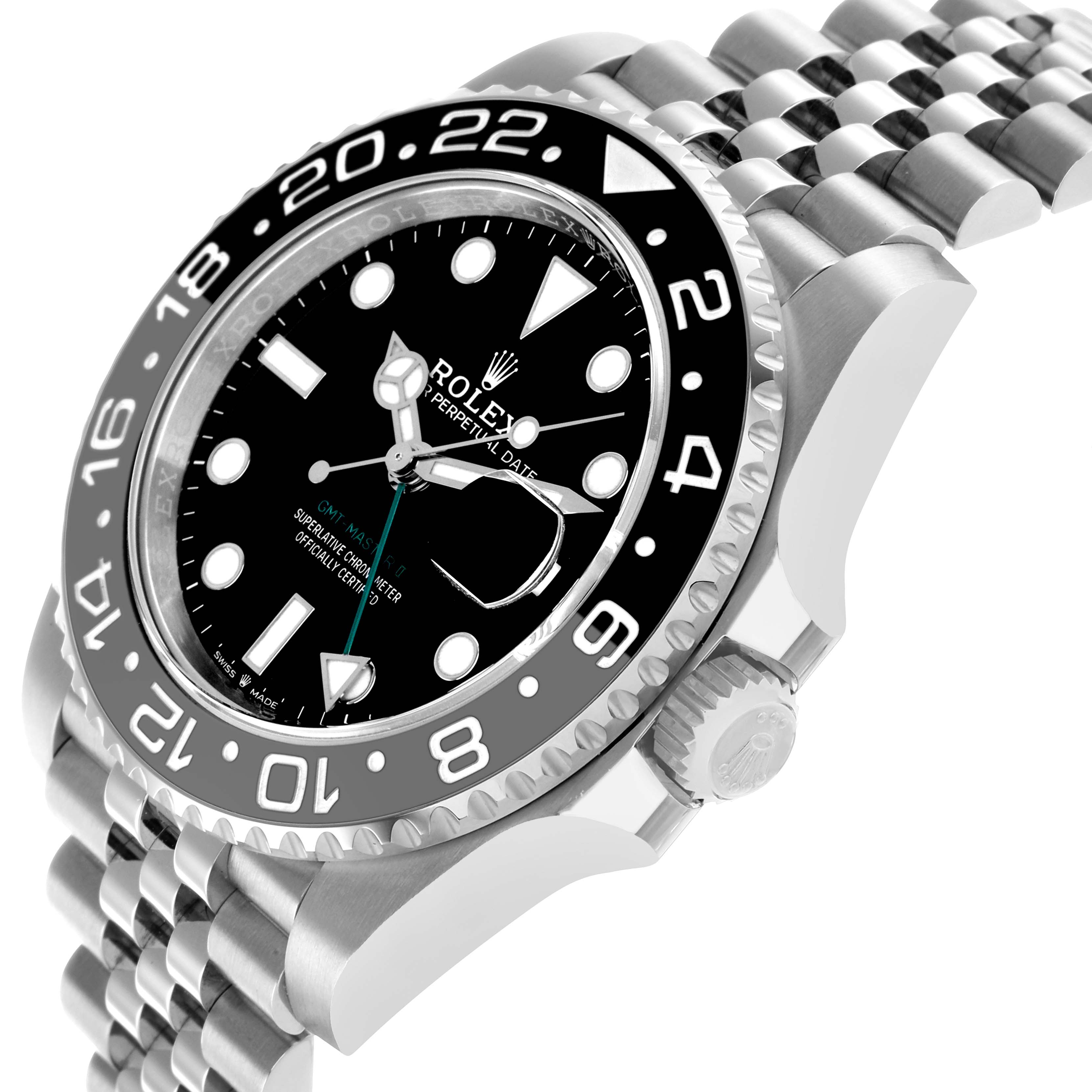 The Rolex GMT-Master 126710GRNR Men's Stainless Steel Black Dial watch is shown at a side angle, displaying the bezel, dial, crown, and part of the bracelet.