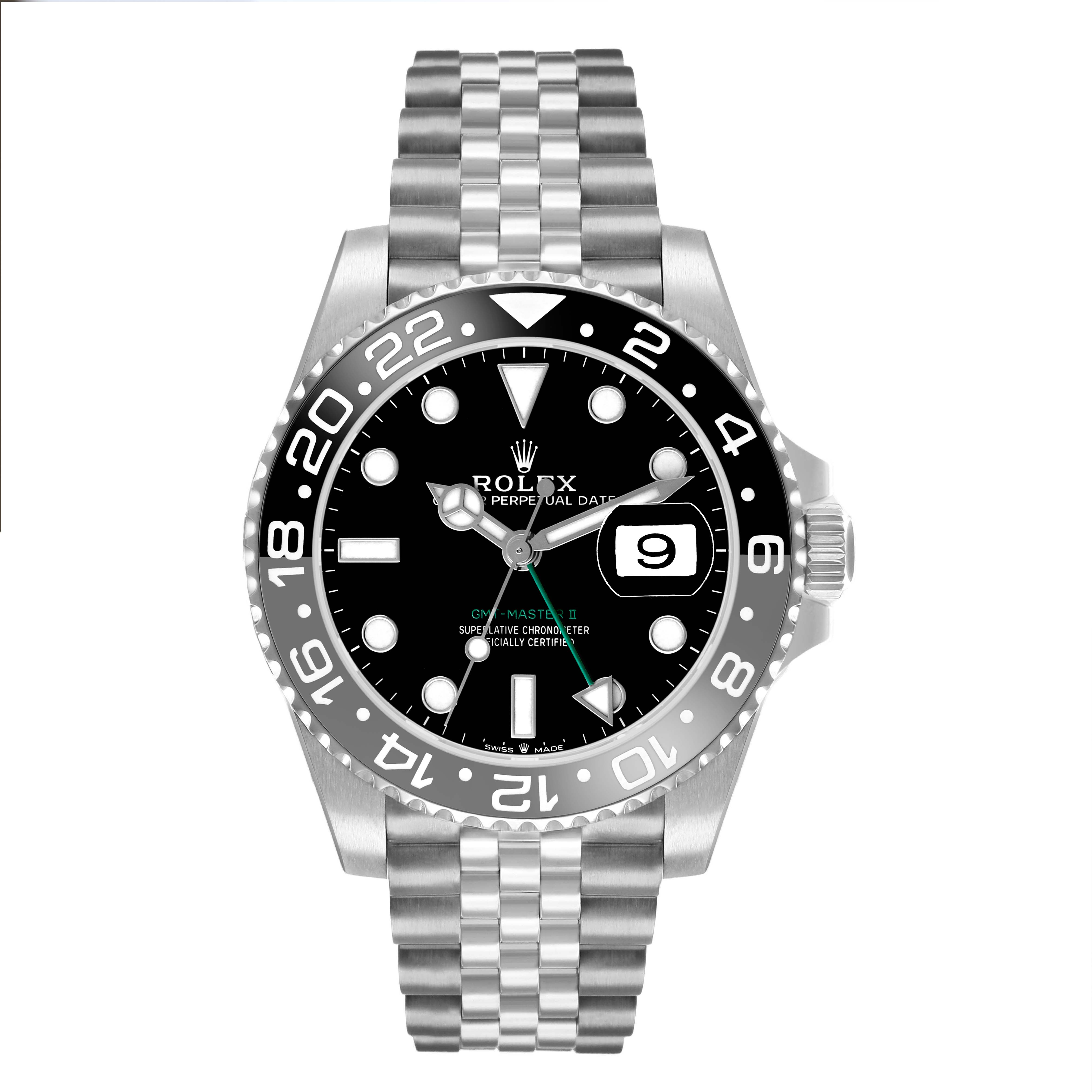 The image shows a front view of a Rolex GMT-Master 126710GRNR Men's Stainless Steel Black Dial with its bezel, dial, hour markers, hands, and bracelet clearly visible.