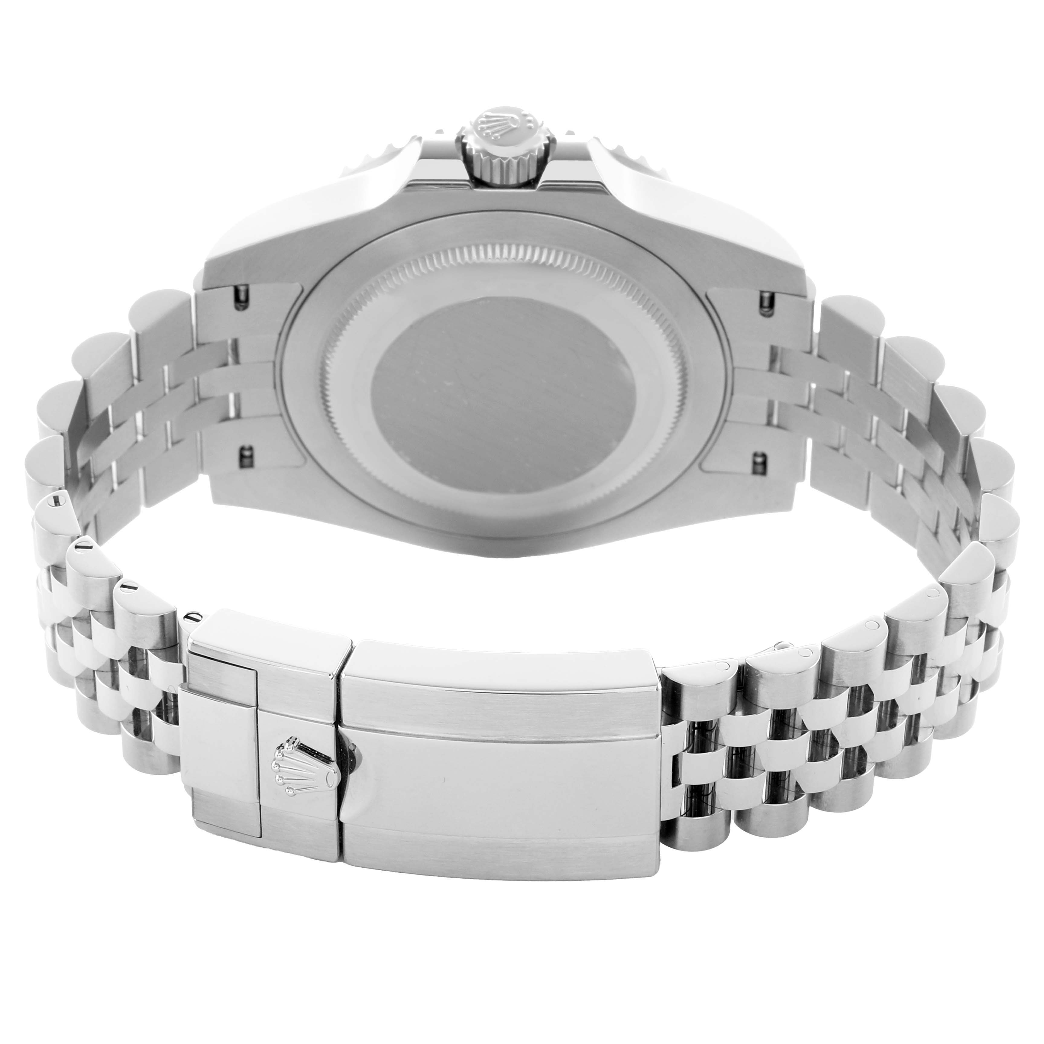 The Rolex GMT-Master 126710GRNR Men's Stainless Steel Black Dial is shown from the back, highlighting the case back, crown, and Jubilee bracelet with the clasp.