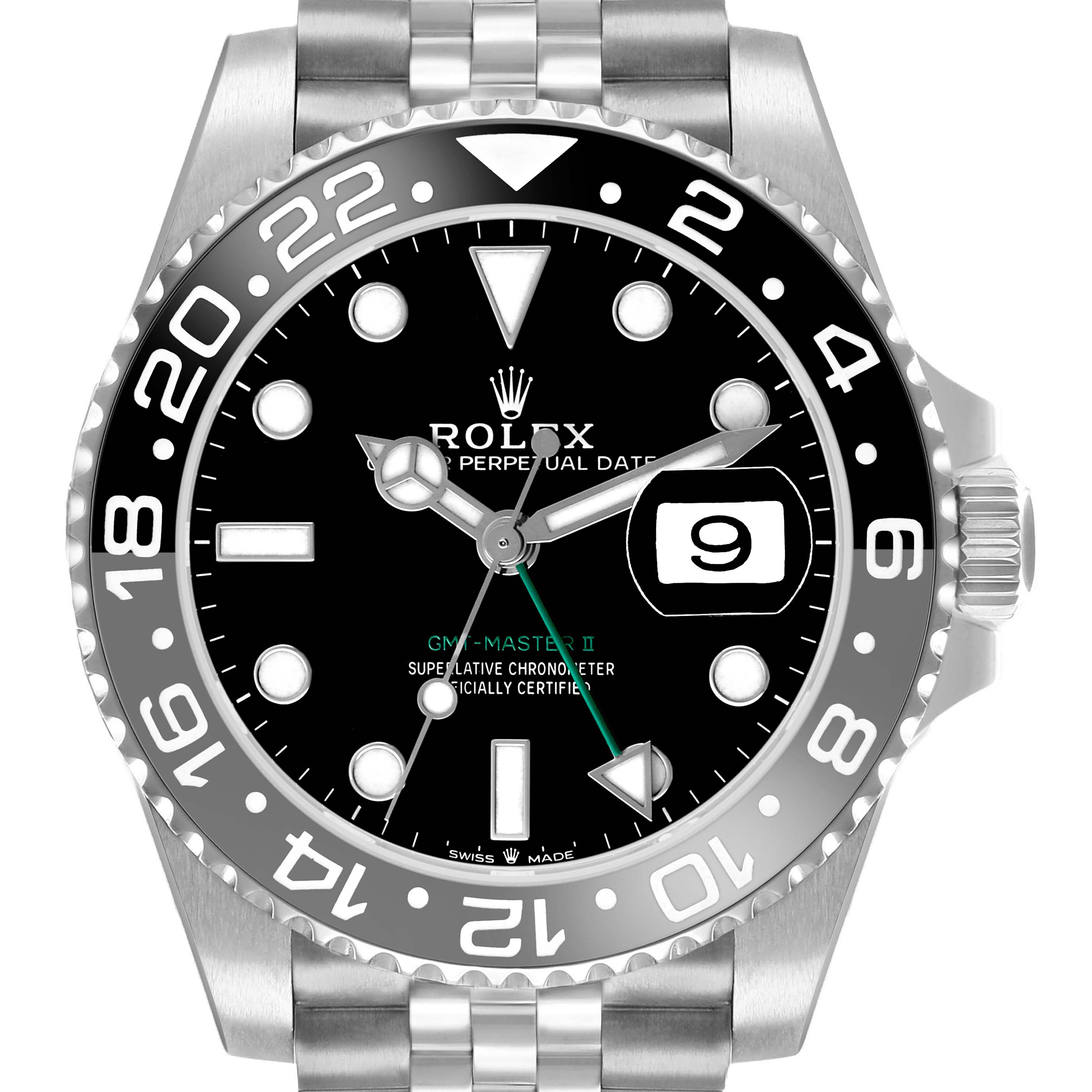 The Rolex GMT-Master 126710GRNR Men's Stainless Steel Black Dial watch is shown from the front, highlighting the bezel, dial, hands, and bracelet.