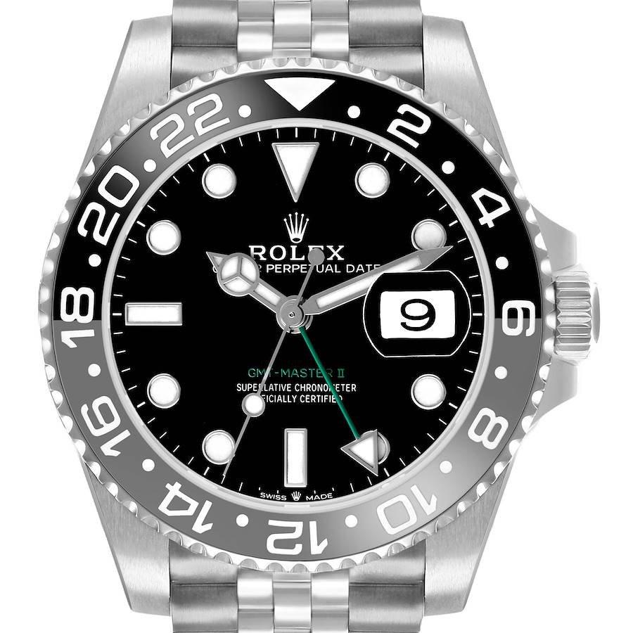 The Rolex GMT-Master 126710GRNR Men's Stainless Steel Black Dial watch is shown from the front, highlighting the bezel, dial, hands, and bracelet.