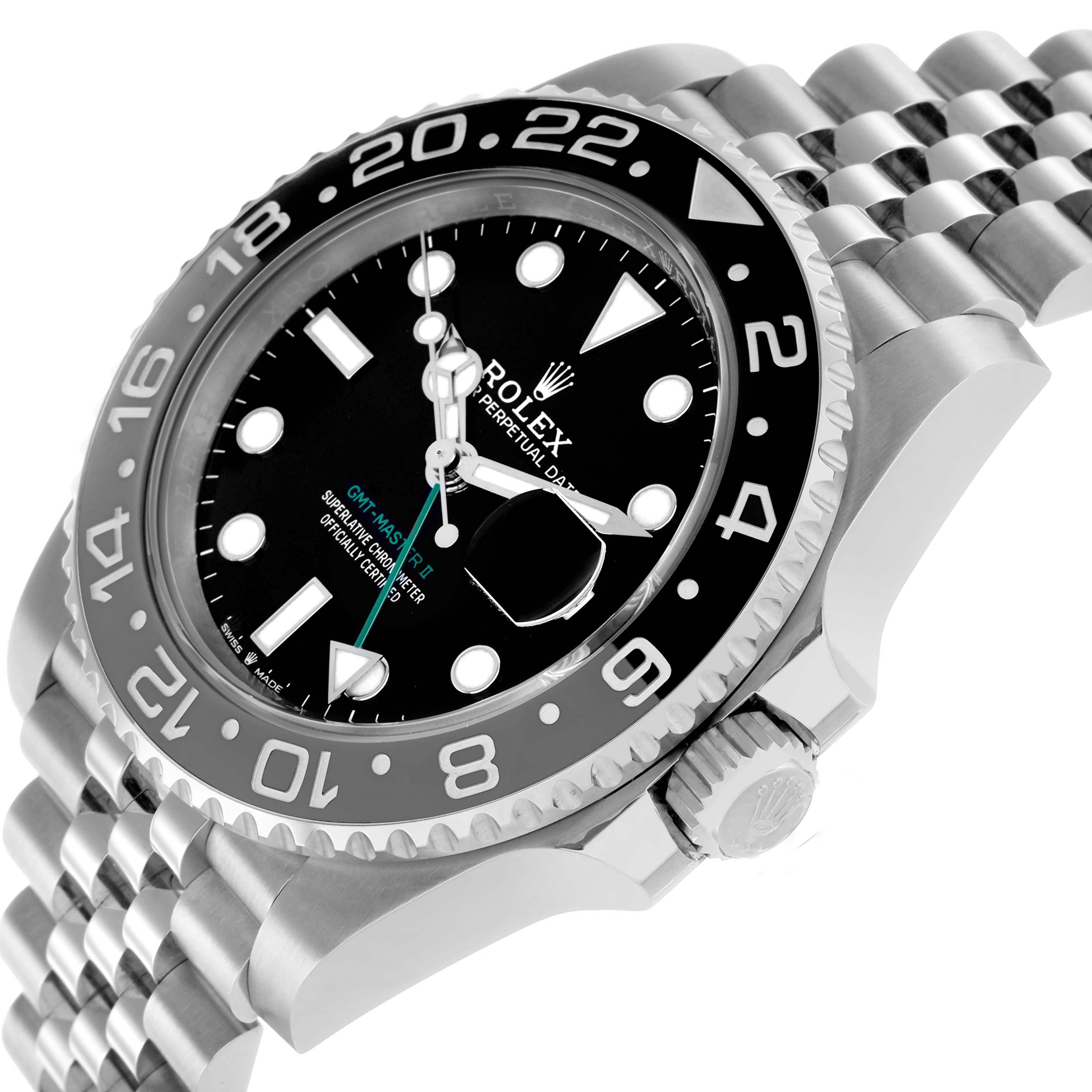 The Rolex GMT-Master 126710GRNR Men's Stainless Steel Black Dial watch is shown at an angle highlighting the bezel, crown, and bracelet.