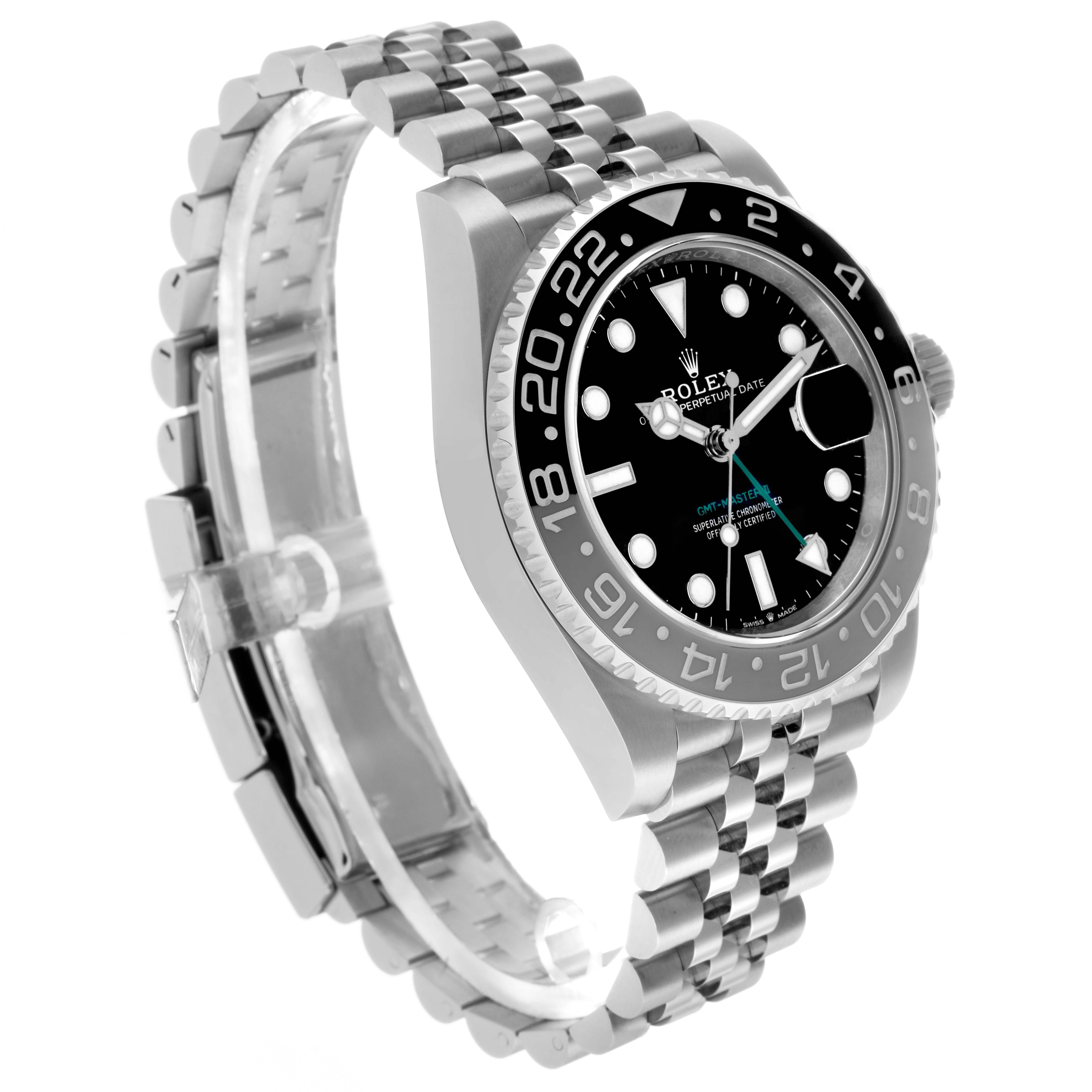 The Rolex GMT-Master 126710GRNR Men's Stainless Steel Black Dial watch is shown from a side angle, displaying the face, bezel, crown, and bracelet.