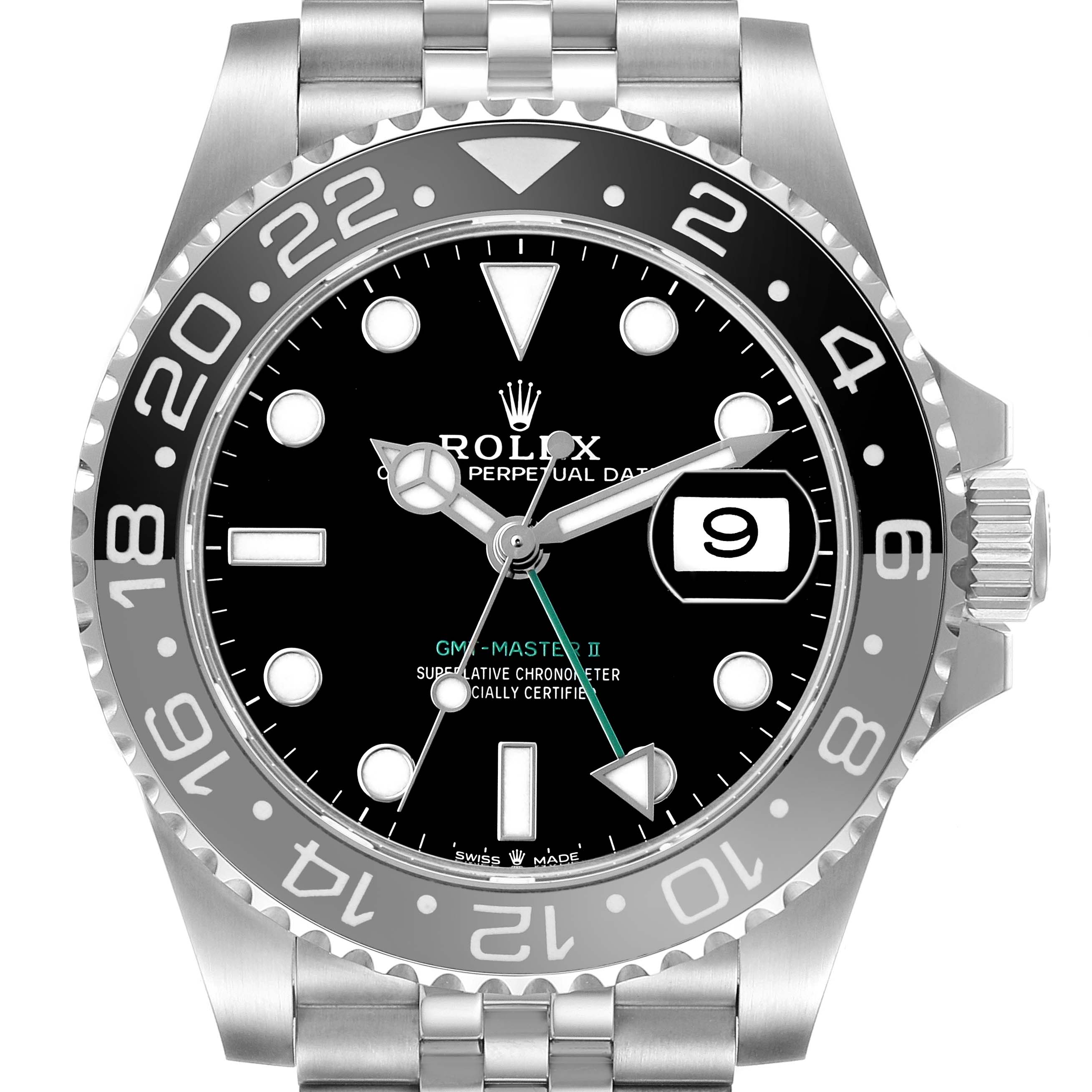 The Rolex GMT-Master 126710GRNR Men's Stainless Steel Black Dial watch is shown from a front angle, displaying the bezel, dial, hour markers, hands, and date window.
