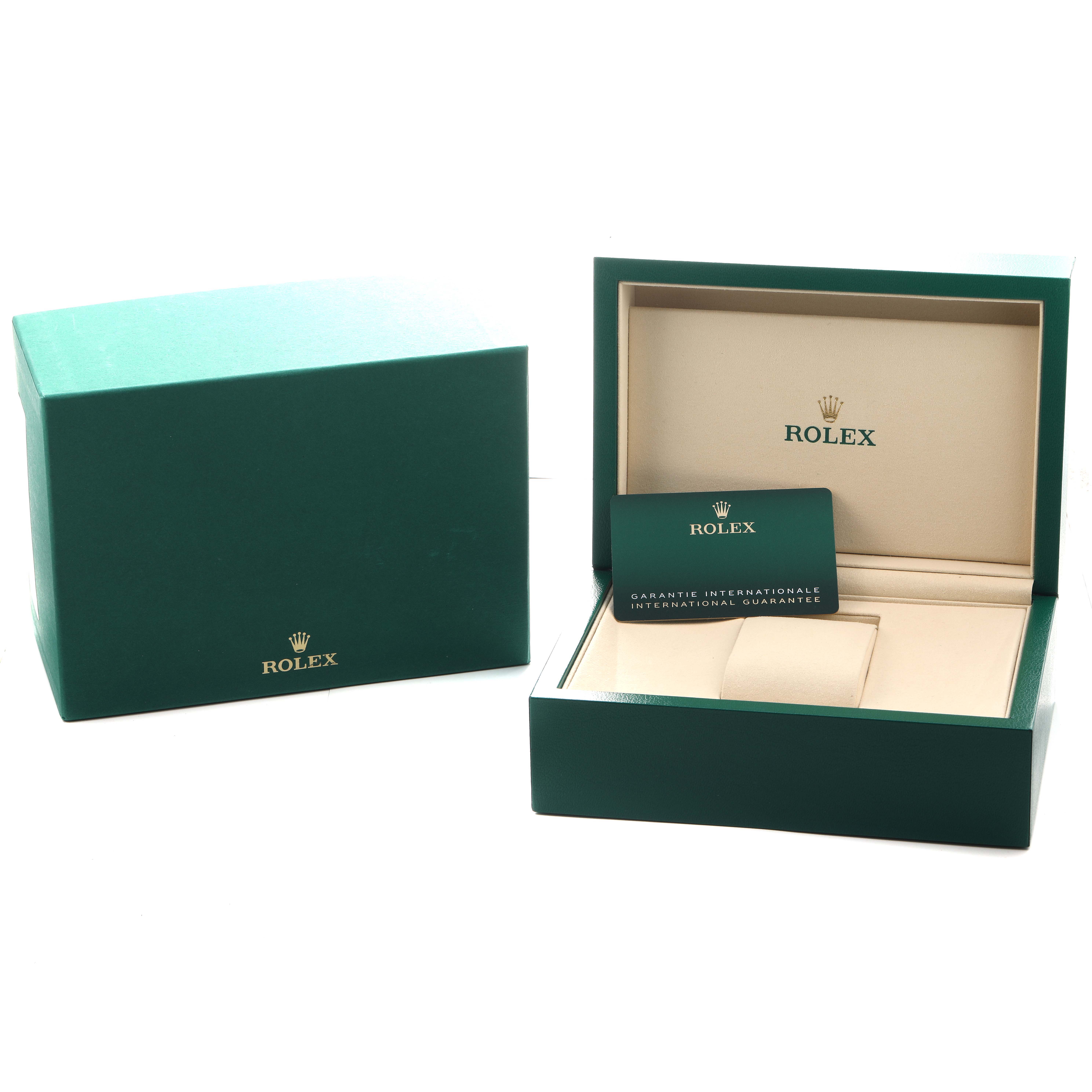 The image shows an open green box and card for the Rolex GMT-Master 126710GRNR Men's Stainless Steel Black Dial, viewed from the front.