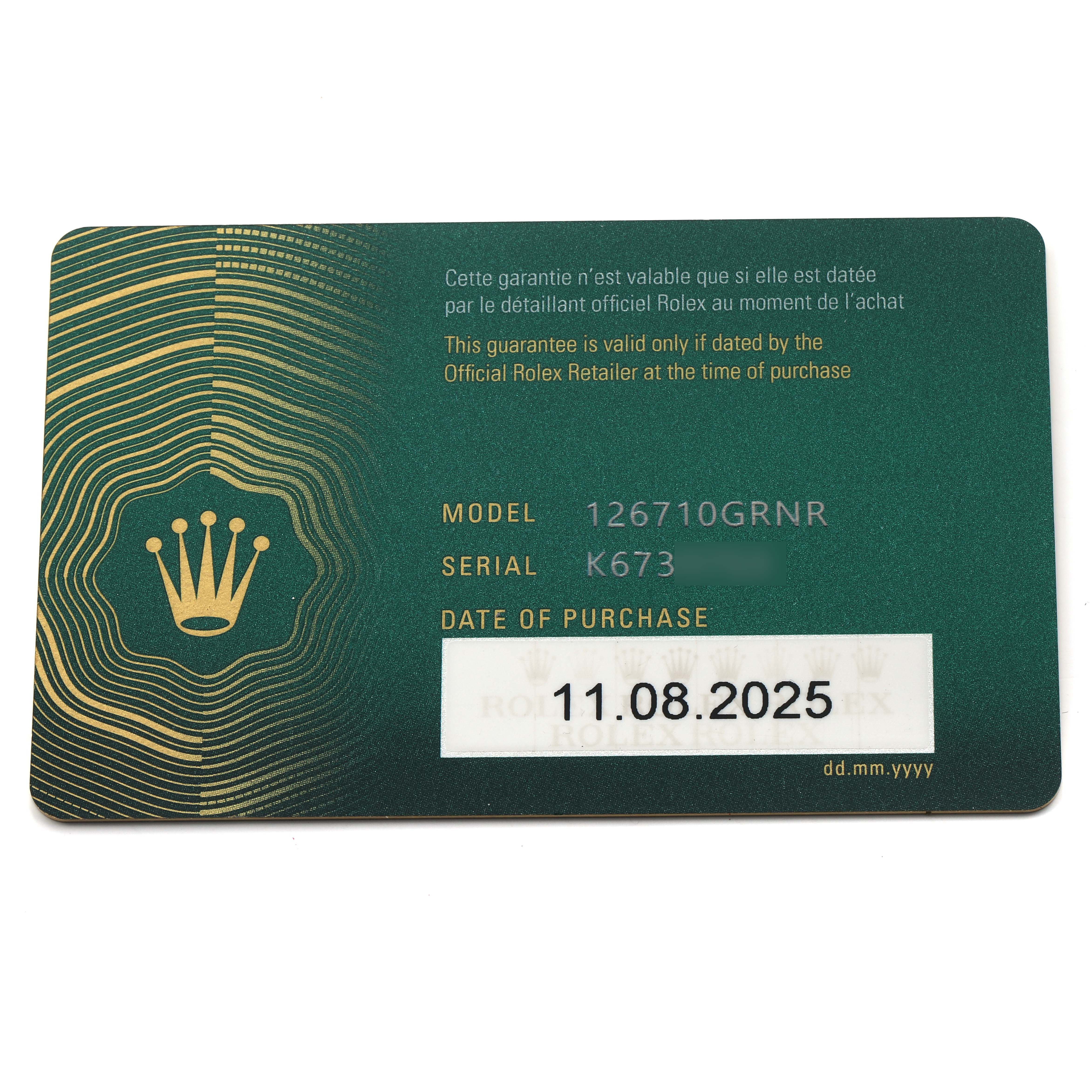 The image shows a flat view of the Rolex GMT-Master 126710GRNR Men's Stainless Steel Black Dial warranty card, displaying the model number, serial number, and purchase date.