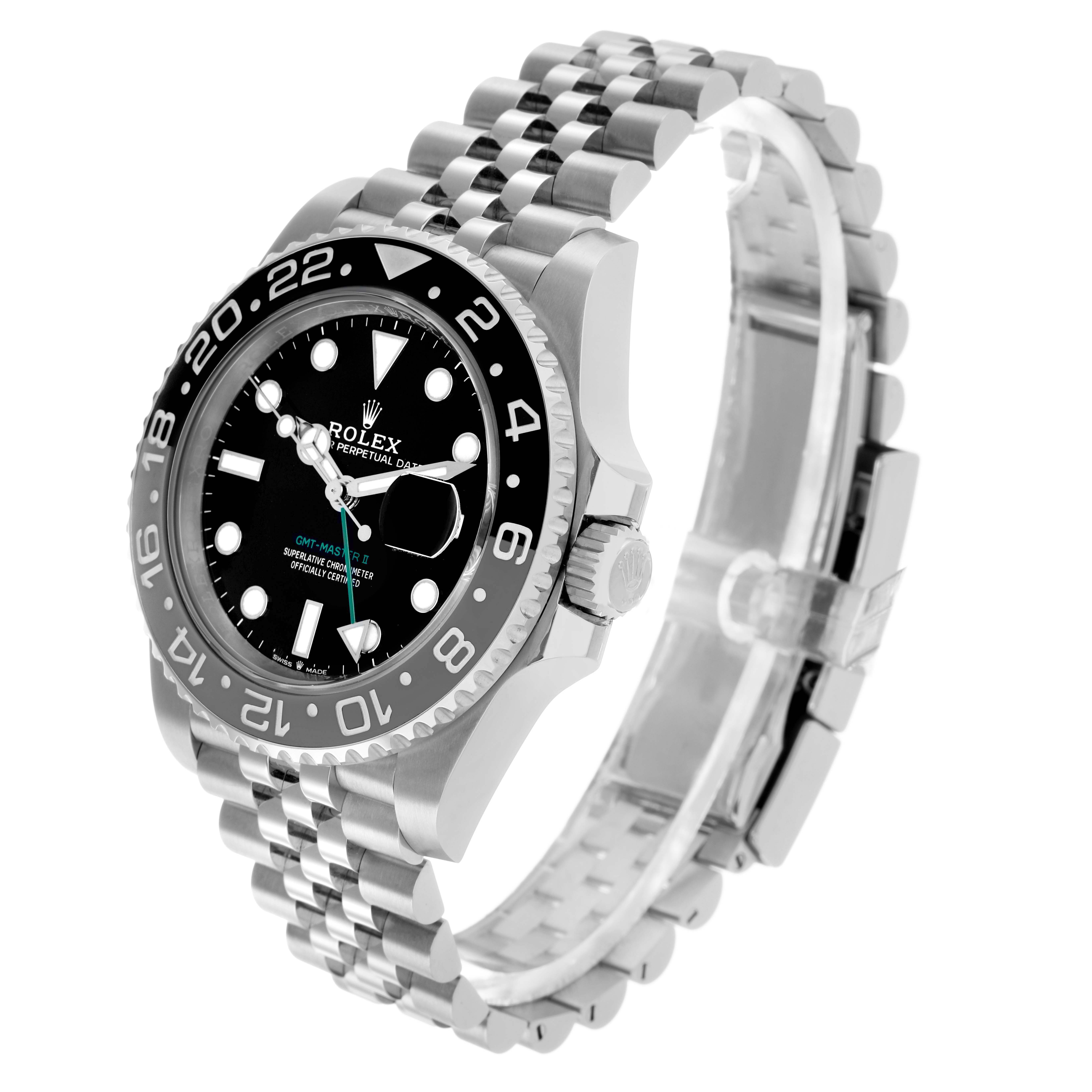 The Rolex GMT-Master 126710GRNR Men's Stainless Steel Black Dial is shown at an angle displaying its face, bezel, crown, and jubilee bracelet clearly.