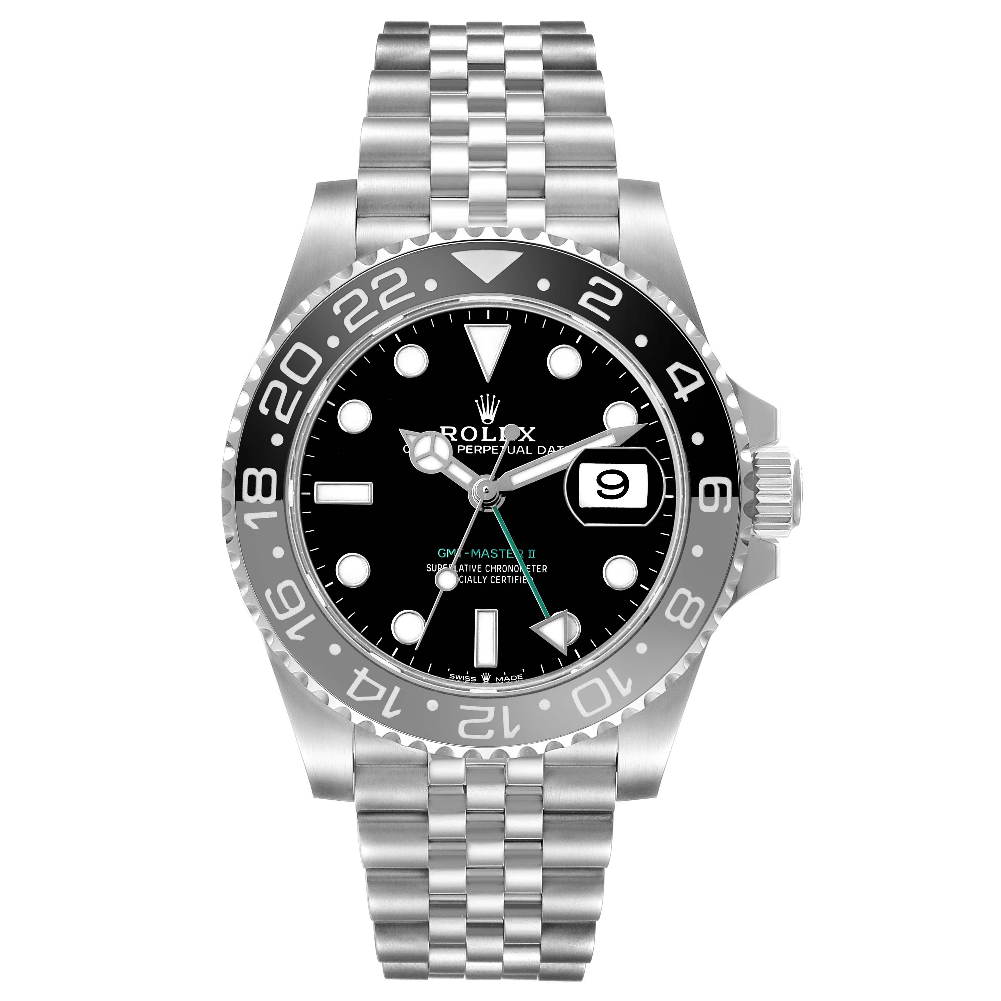 The image shows a front view of the Rolex GMT-Master 126710GRNR Men's Stainless Steel Black Dial with its bezel, dial, hour markers, and bracelet clearly visible.