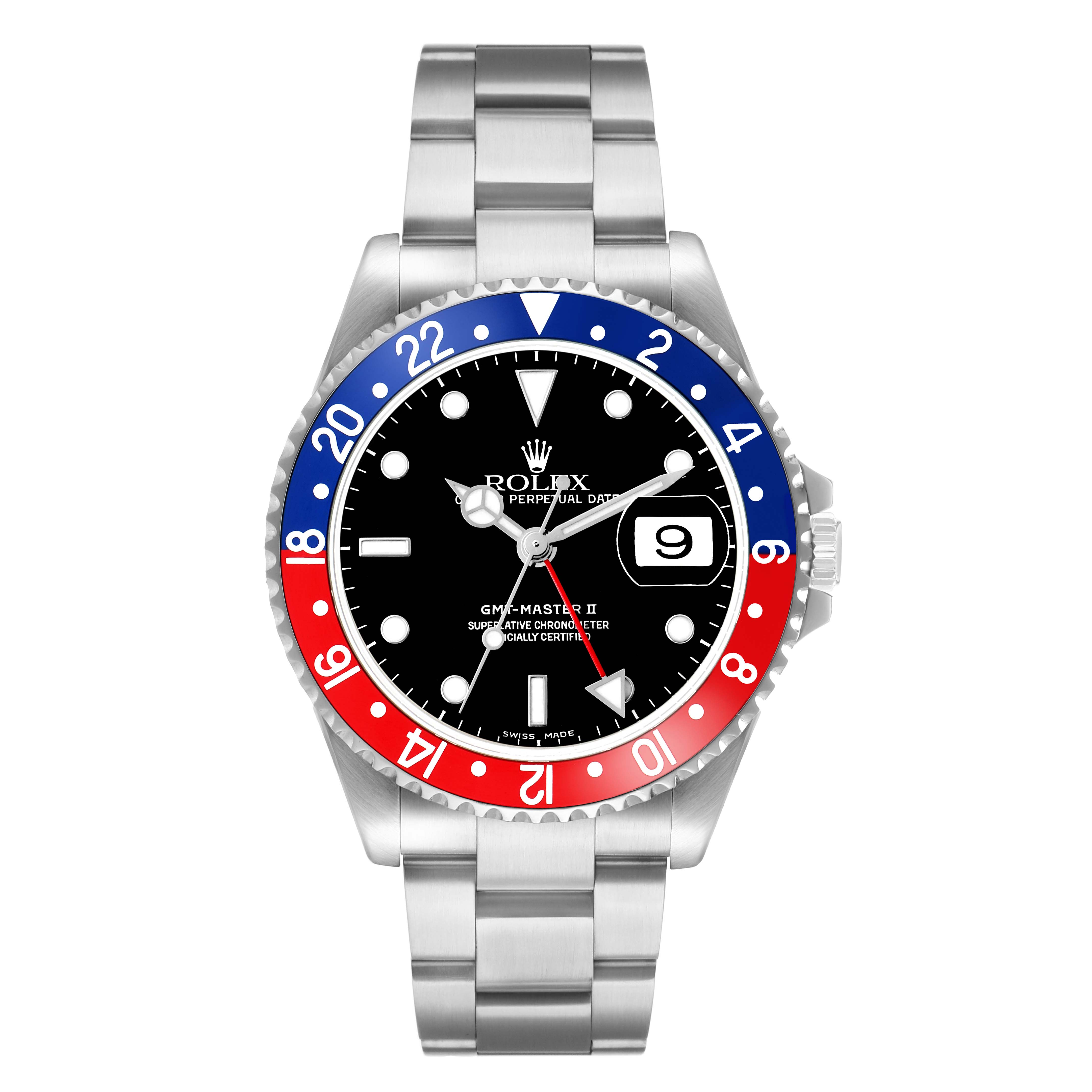 The Rolex GMT-Master 16710 Men's Stainless Steel Black Dial watch is shown from a top-down angle, highlighting the bezel, dial, and bracelet.