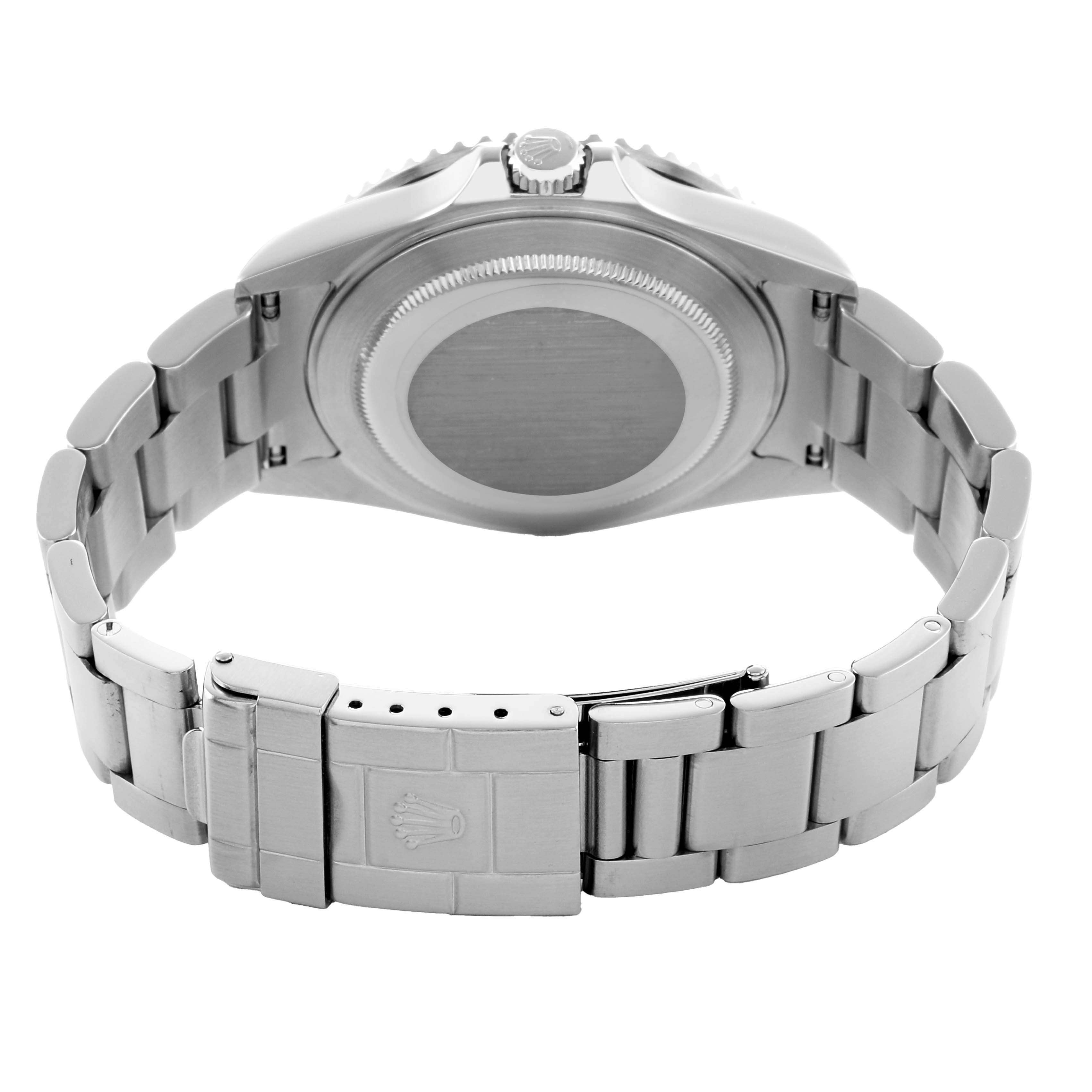 The image shows the back case and bracelet clasp of the Rolex GMT-Master 16710 Men's Stainless Steel Black Dial watch, viewed from the rear.