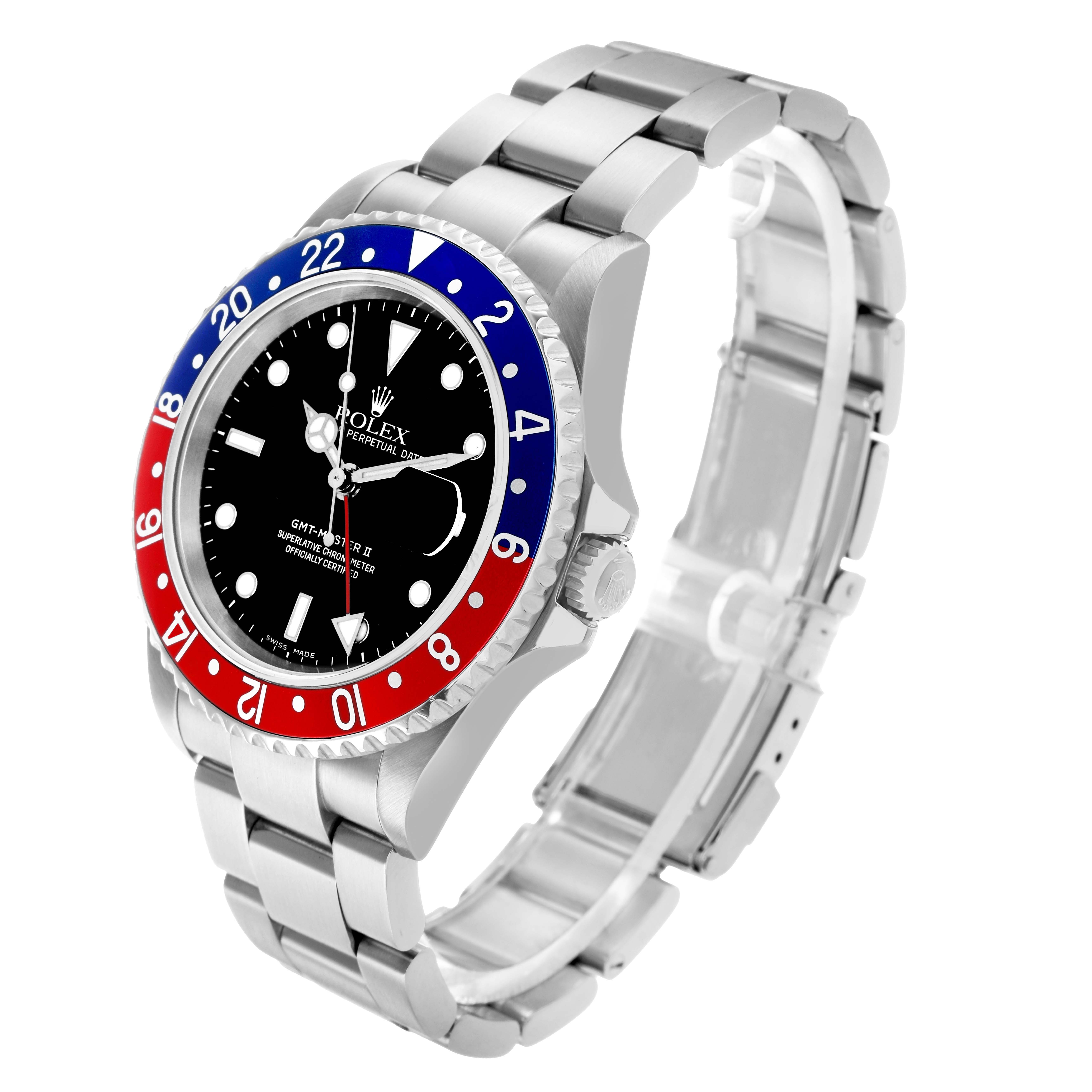 The Rolex GMT-Master 16710 Men's Stainless Steel Black Dial watch is shown from a side angle, highlighting the bezel, crown, dial, and bracelet.
