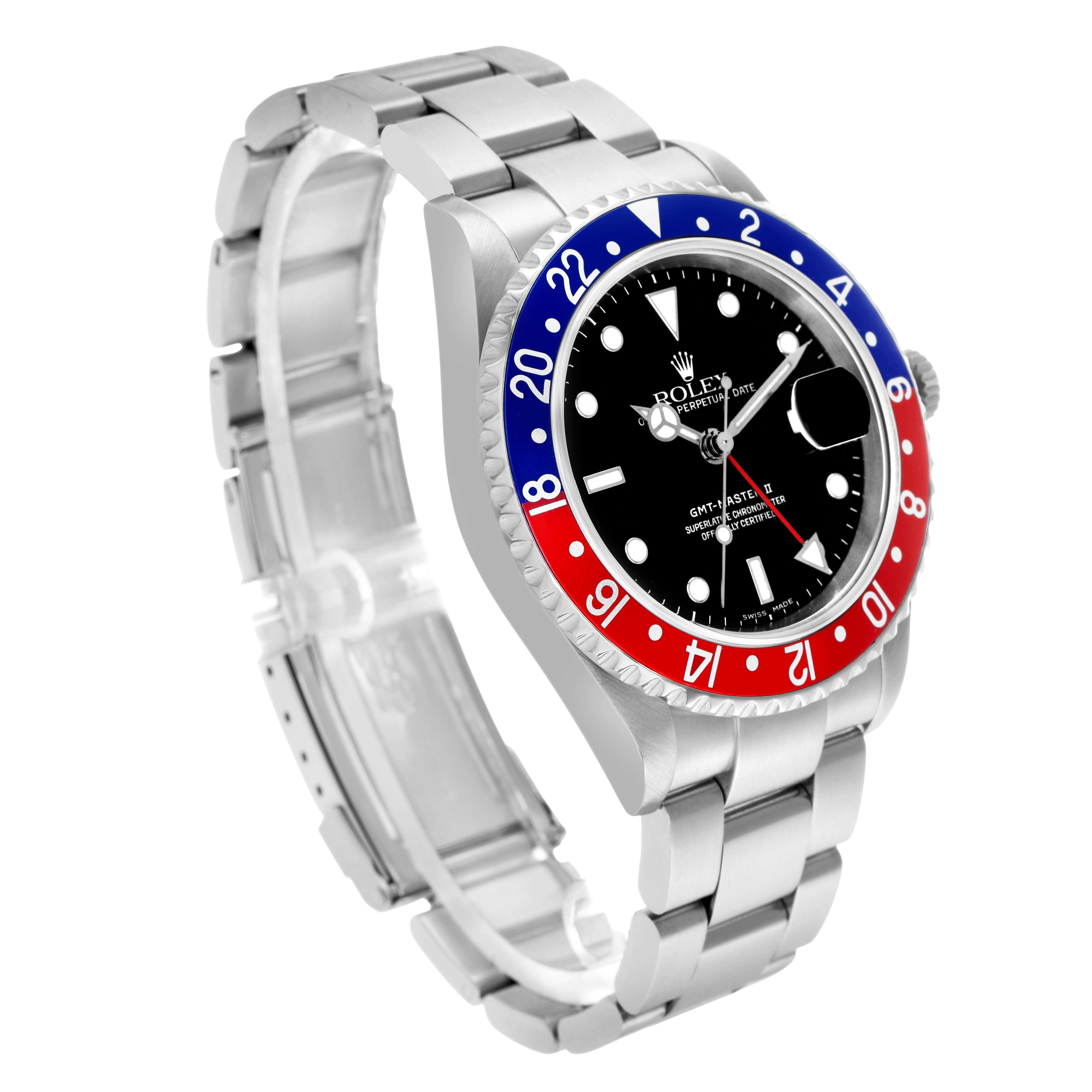 The Rolex GMT-Master 16710 Men's Stainless Steel Black Dial watch is shown at a three-quarter view, highlighting the bezel, face, crown, and bracelet.