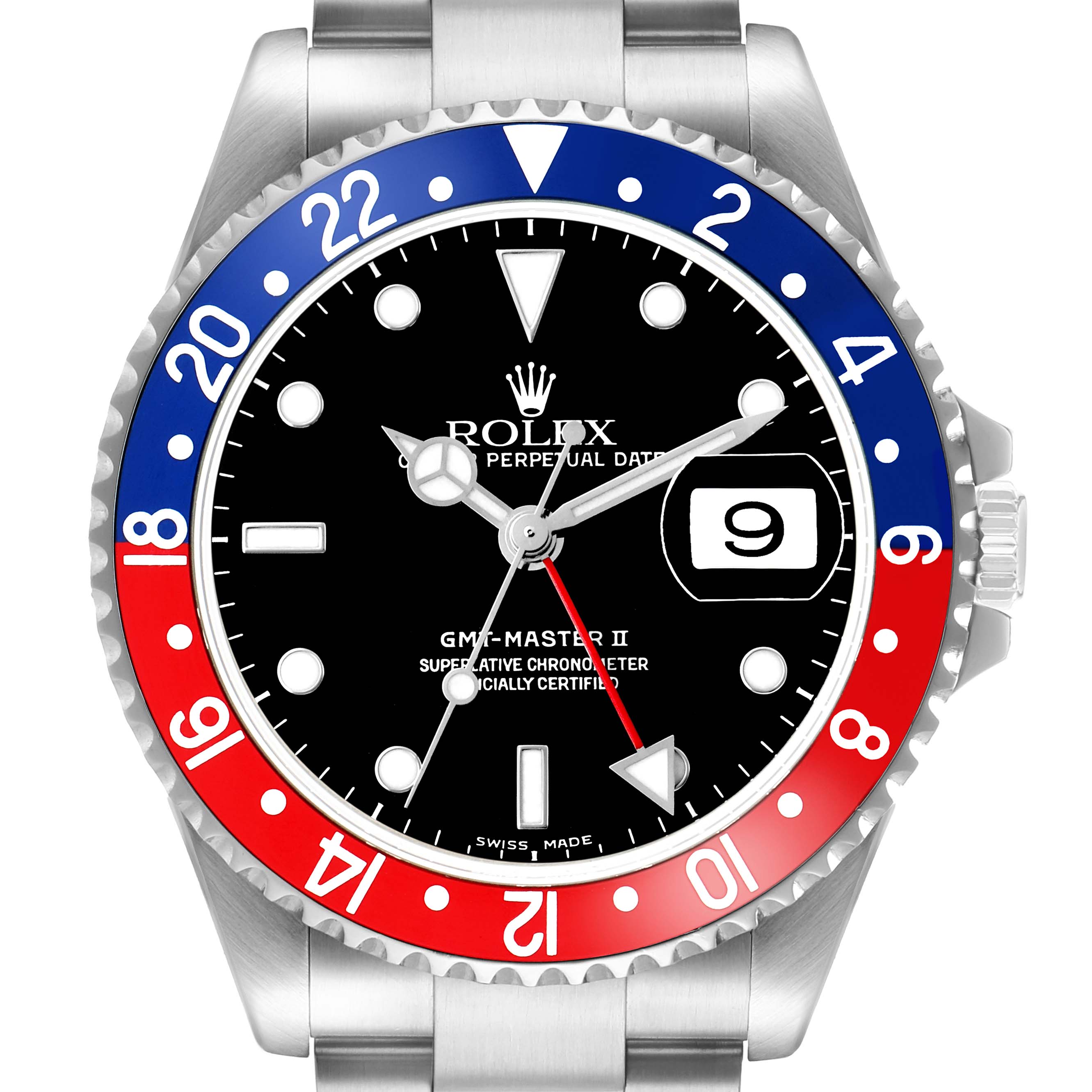 The Rolex GMT-Master 16710 Men's Stainless Steel Black Dial model is shown from a front angle, displaying its bezel, dial, hands, and bracelet.