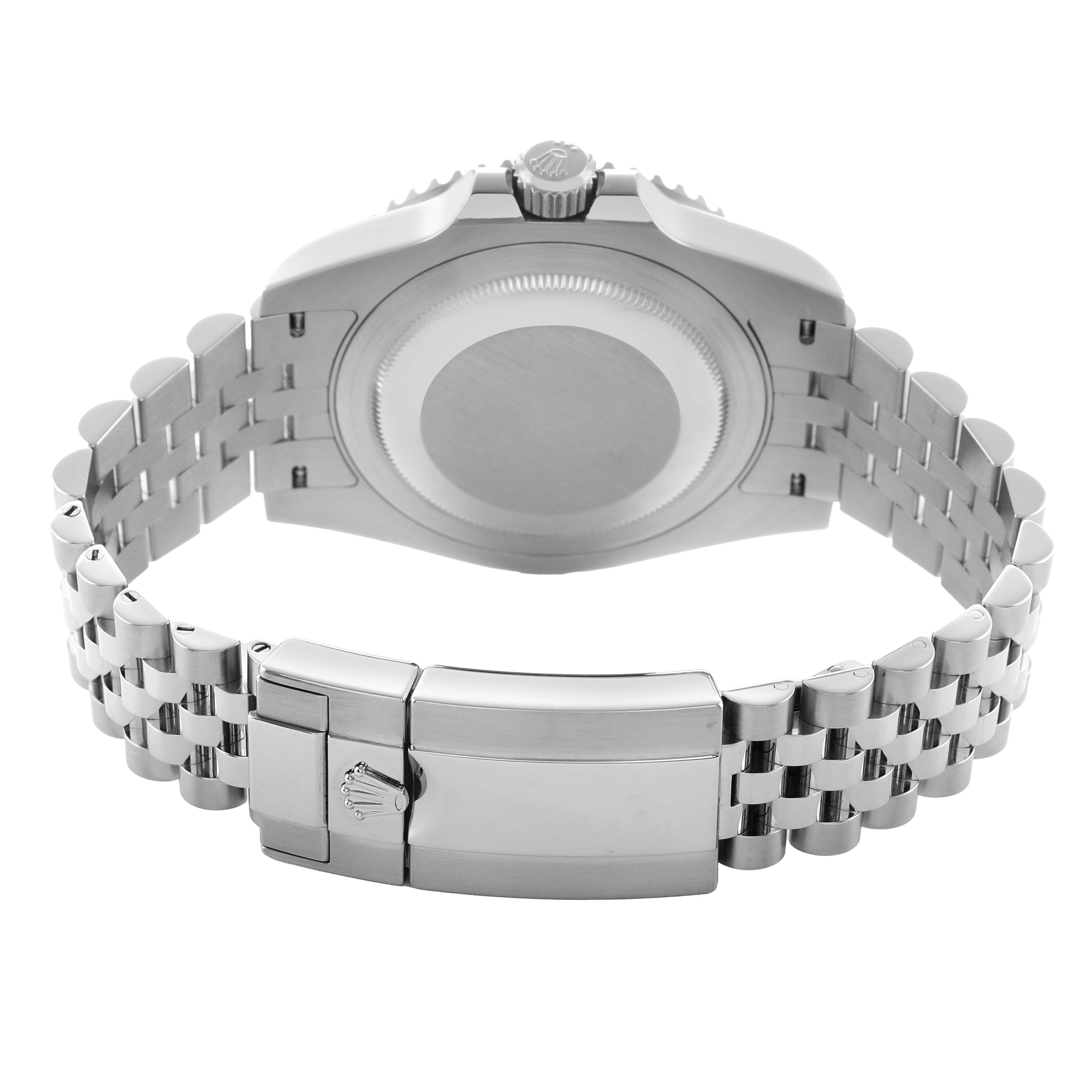 The image shows the back and bracelet of the Rolex GMT-Master 126710 Men's Stainless Steel Black Dial, highlighting the case back, bracelet links, and clasp.