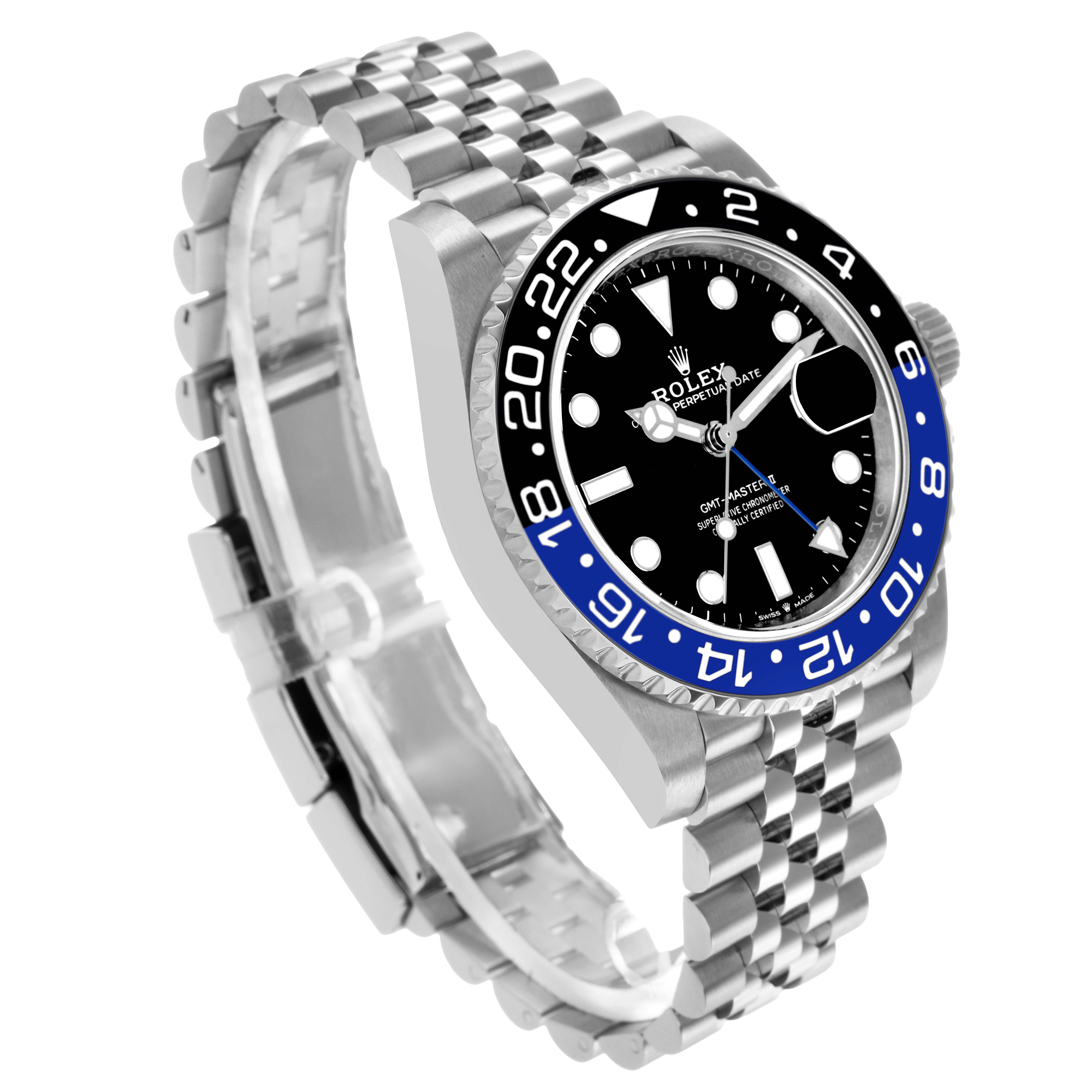 The Rolex GMT-Master 126710 Men's Stainless Steel Black Dial watch is shown at an oblique angle, displaying its bezel, dial, jubilee bracelet, and crown.