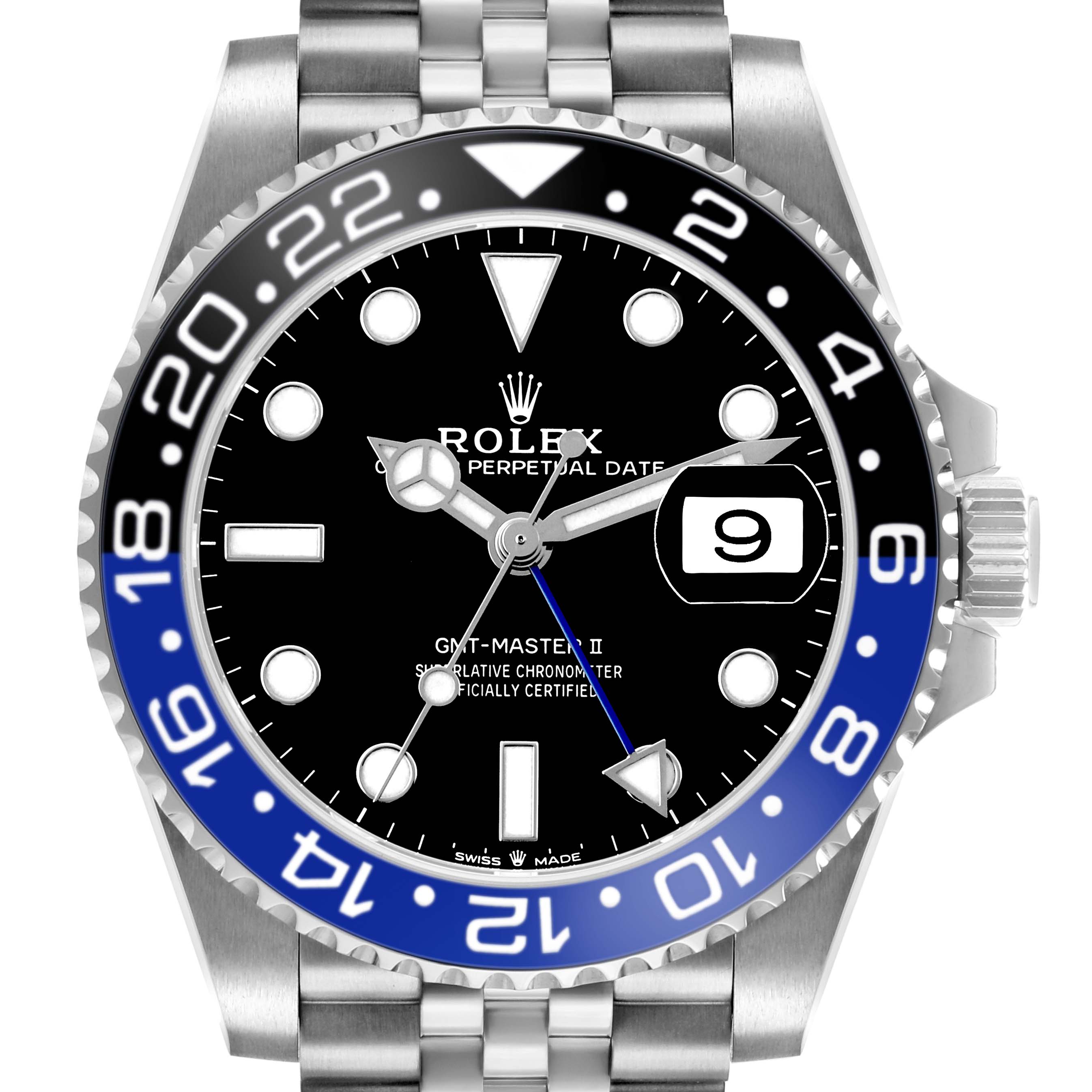 The Rolex GMT-Master 126710 Men's Stainless Steel Black Dial watch is shown from a front angle, highlighting the bezel, face, and date display.