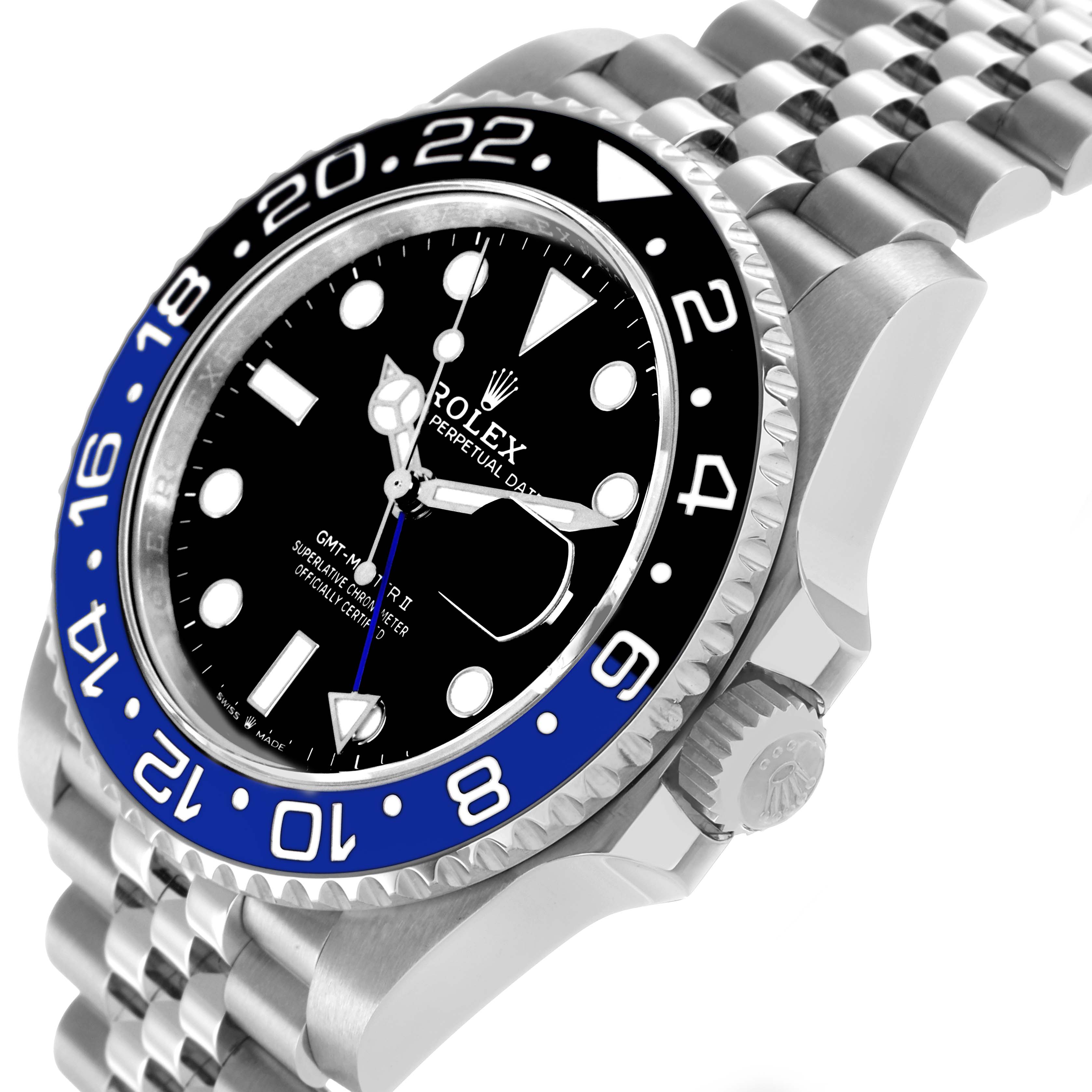 The Rolex GMT-Master 126710 Men's Stainless Steel Black Dial II watch is shown at an angled side view, highlighting the bezel, dial, crown, and jubilee bracelet.