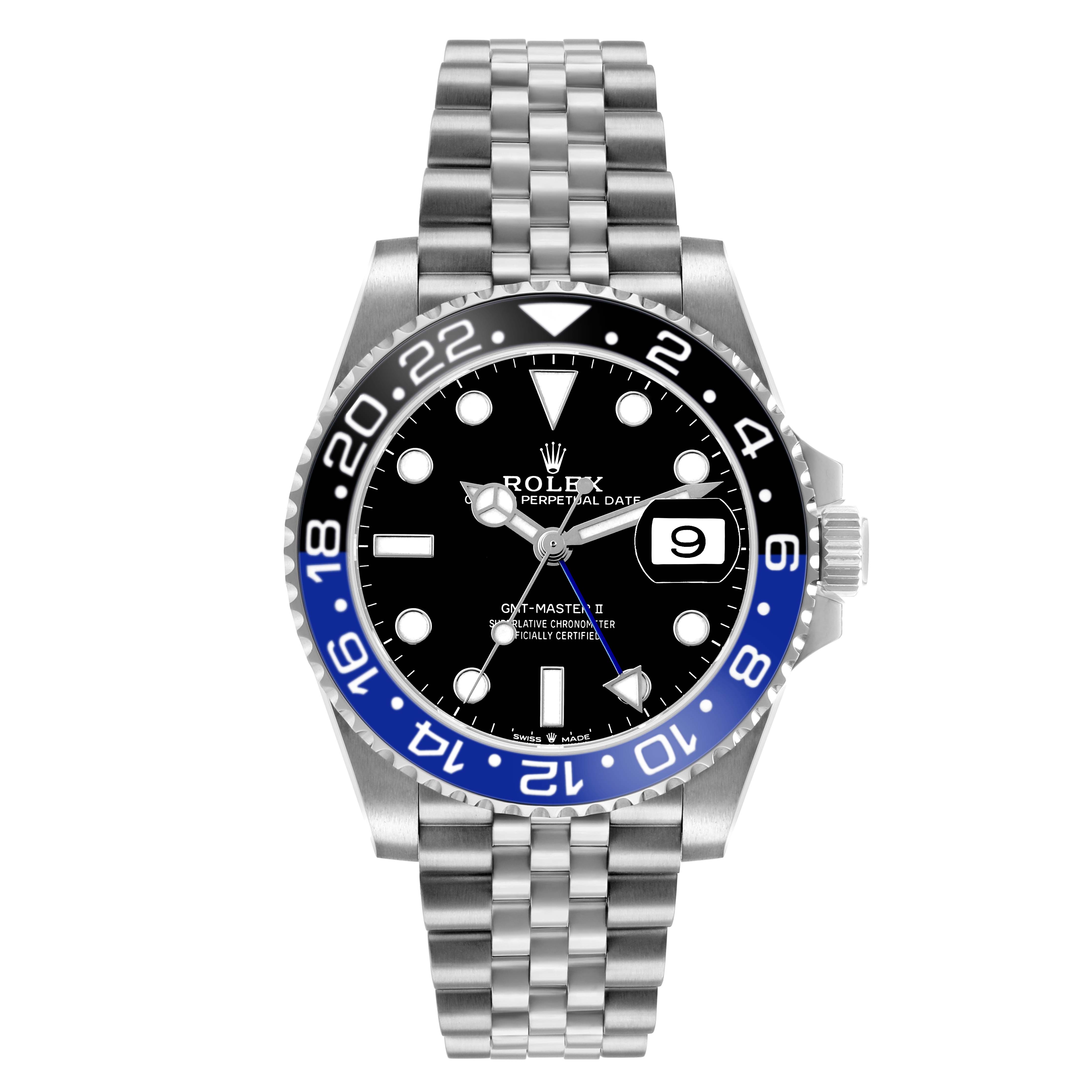 The Rolex GMT-Master 126710 Men's Stainless Steel Black Dial watch is shown from a front angle, highlighting its bezel, dial, and bracelet.