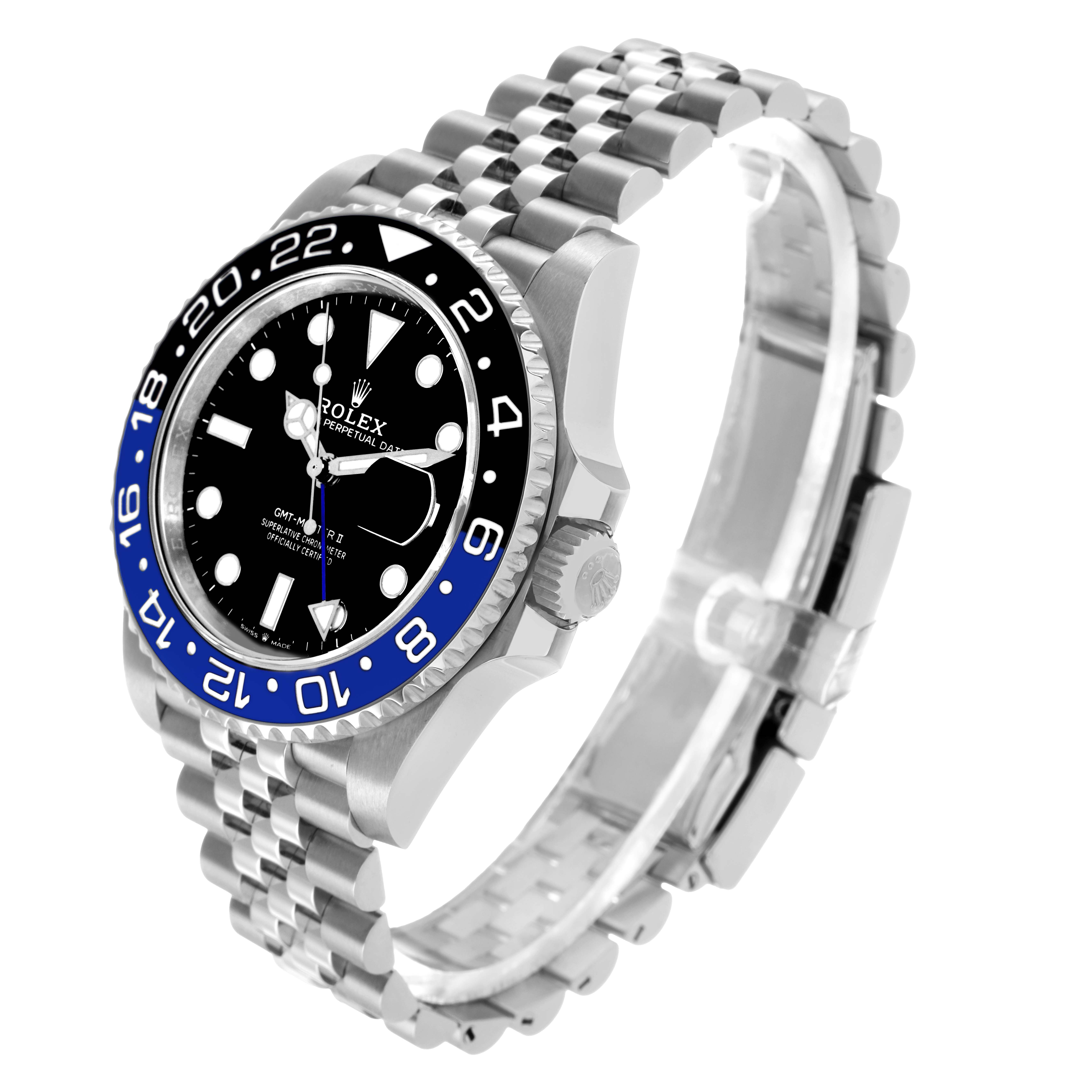 The image shows a side angle of a Rolex GMT-Master 126710 Men's Stainless Steel Black Dial watch, highlighting its bezel, crown, and jubilee bracelet.