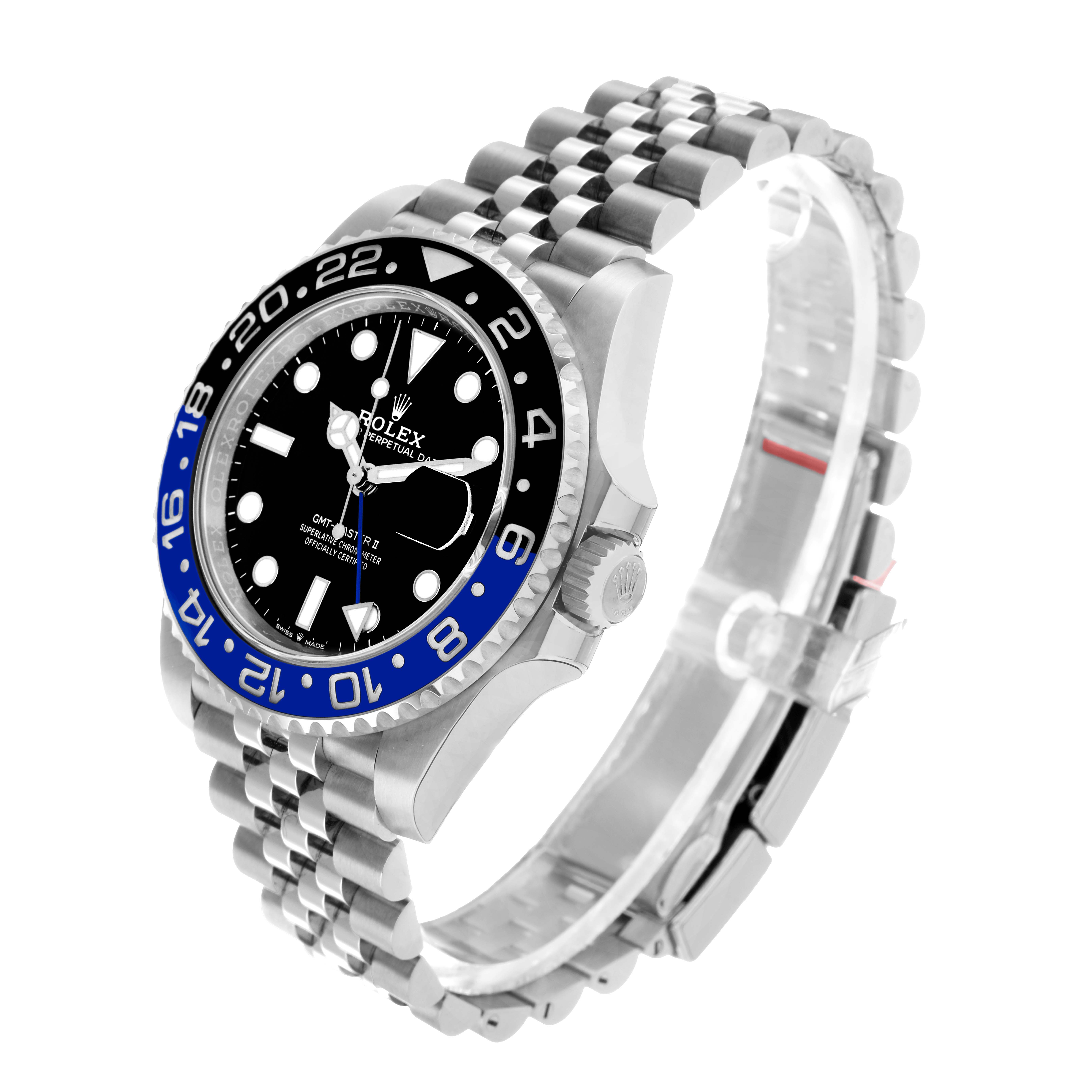 The Rolex GMT-Master 126710BLNR Men's Stainless Steel Black Dial watch is shown at an angled side view, highlighting the bezel, dial, and bracelet.