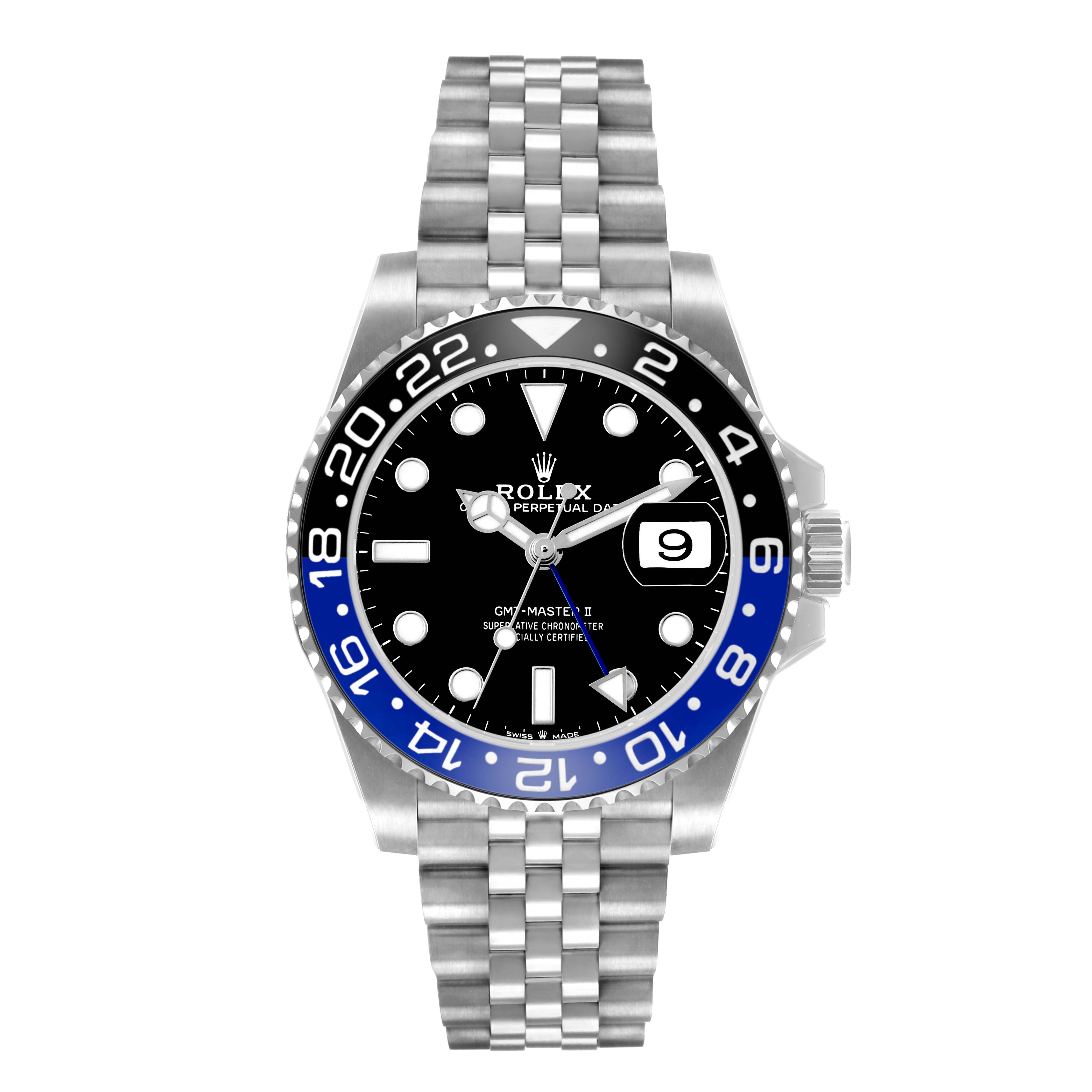 The Rolex GMT-Master 126710BLNR Men's Stainless Steel Black Dial watch is shown from a top-down view, highlighting its bezel, dial, and bracelet.
