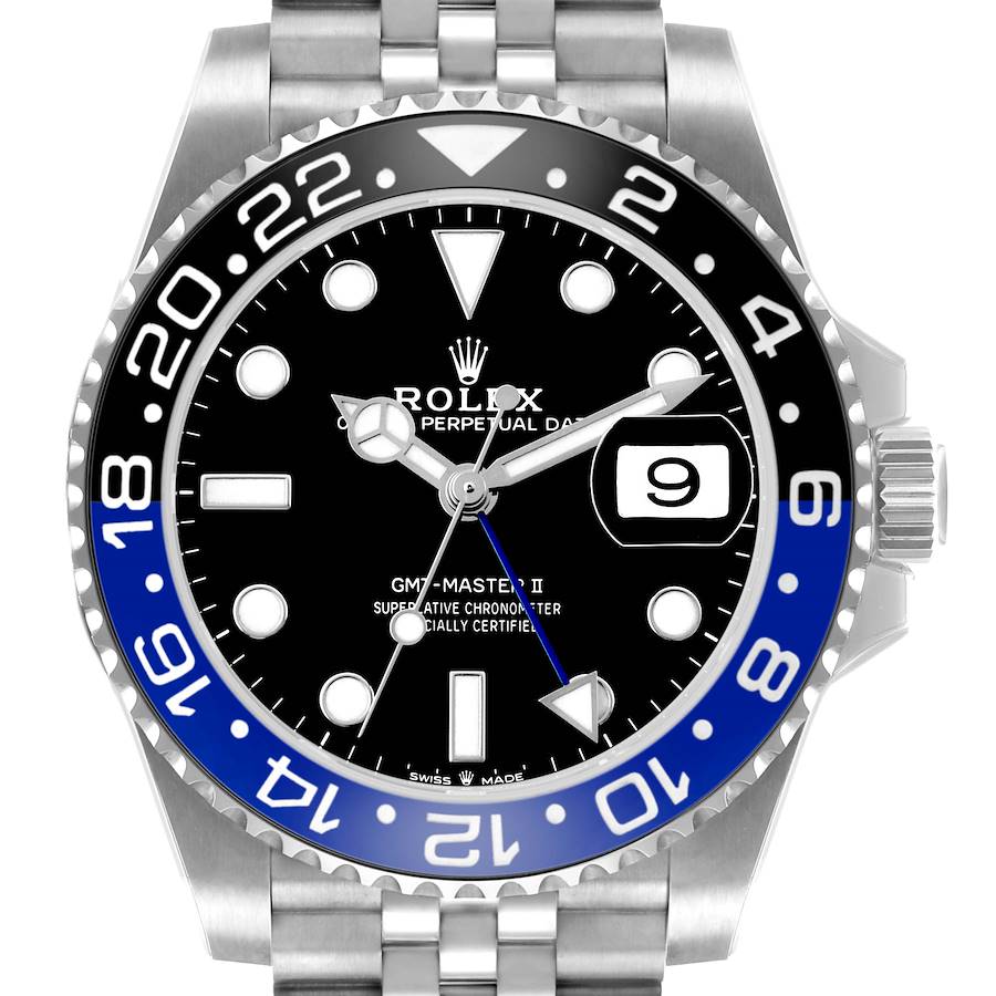 The Rolex GMT-Master 126710BLNR Men's Stainless Steel Black Dial II watch is shown from the front, highlighting the bezel, dial, hands, and date window.