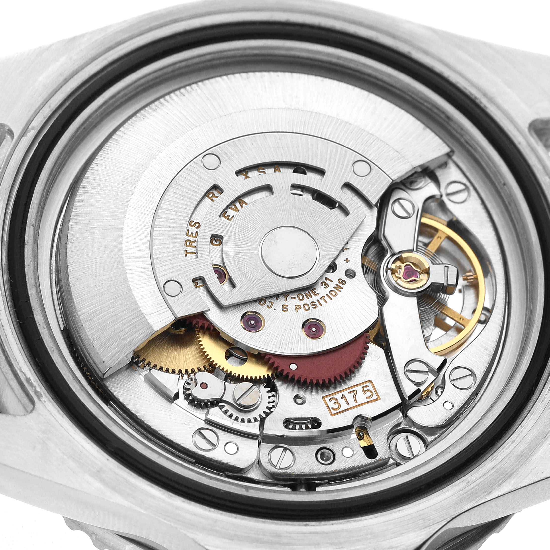 The image shows an exposed view of the Rolex GMT-Master 16700 Men's Stainless Steel Black Dial's movement, highlighting gears and components from the back.