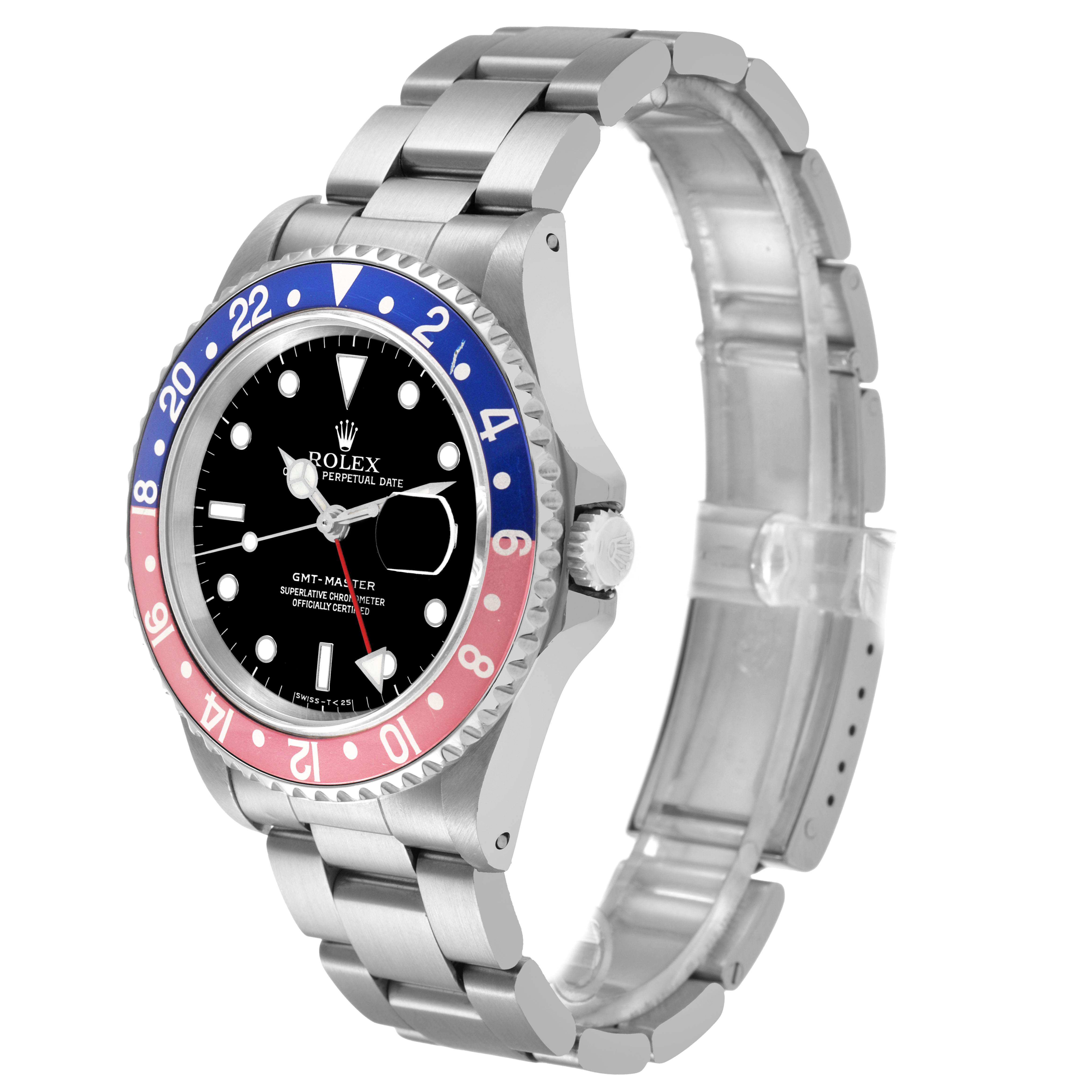 The Rolex GMT-Master 16700 Men's Stainless Steel Black Dial watch is shown from a side view, highlighting the face, bezel, crown, and bracelet.
