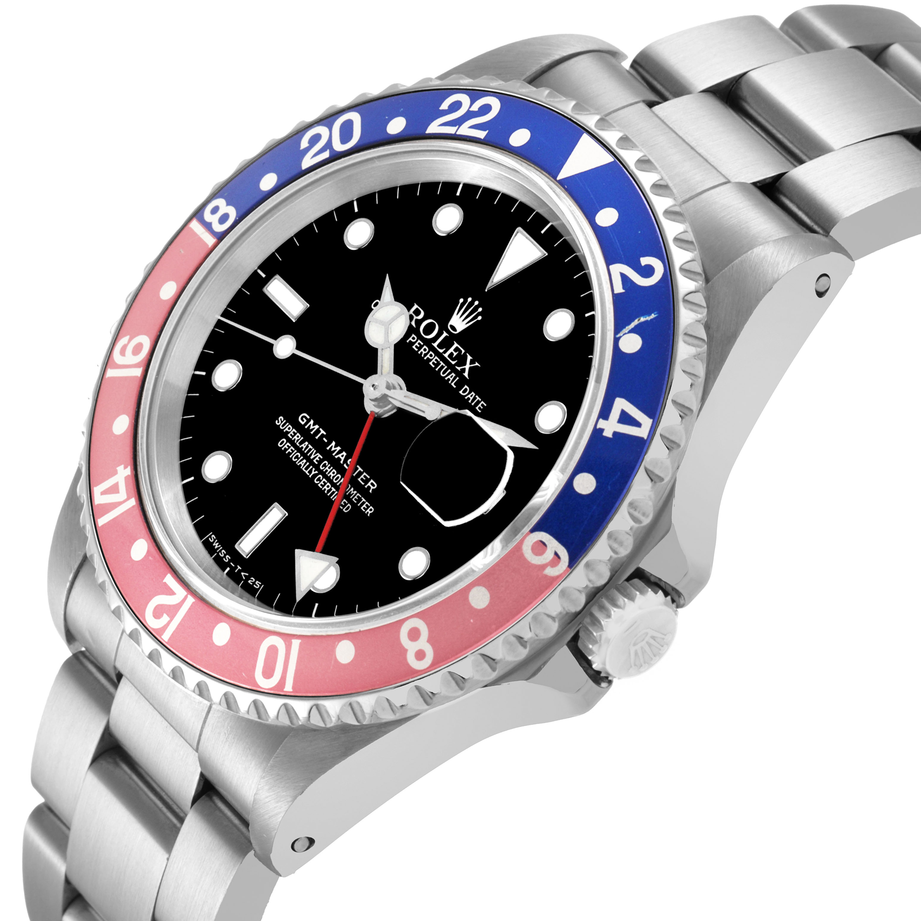 The Rolex GMT-Master 16700 Men's Stainless Steel Black Dial watch is shown in a tilted side angle, displaying the bezel, crown, dial, and part of the bracelet.