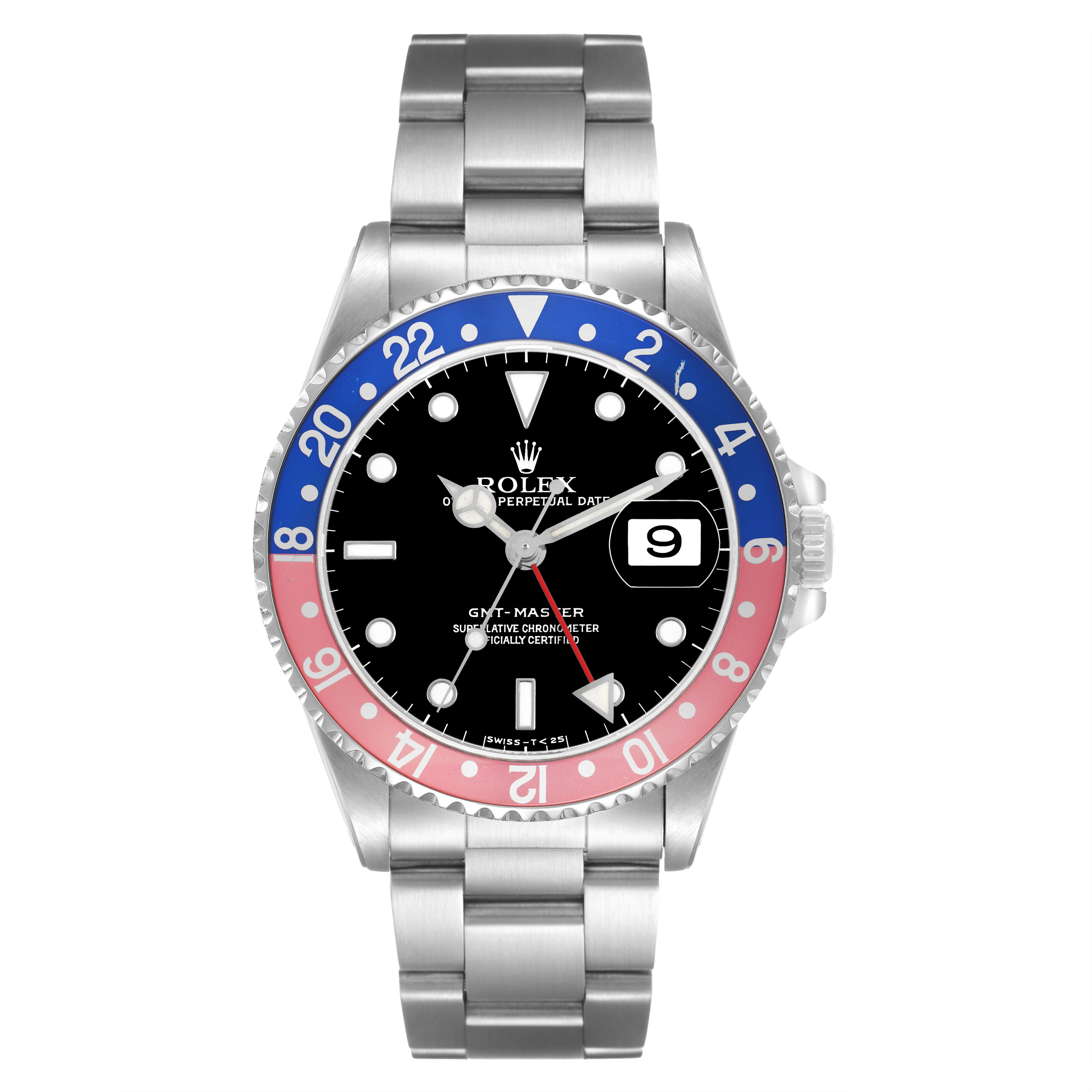The Rolex GMT-Master 16700 Men's Stainless Steel Black Dial watch is shown from the front, displaying the bezel, dial, hands, and bracelet.