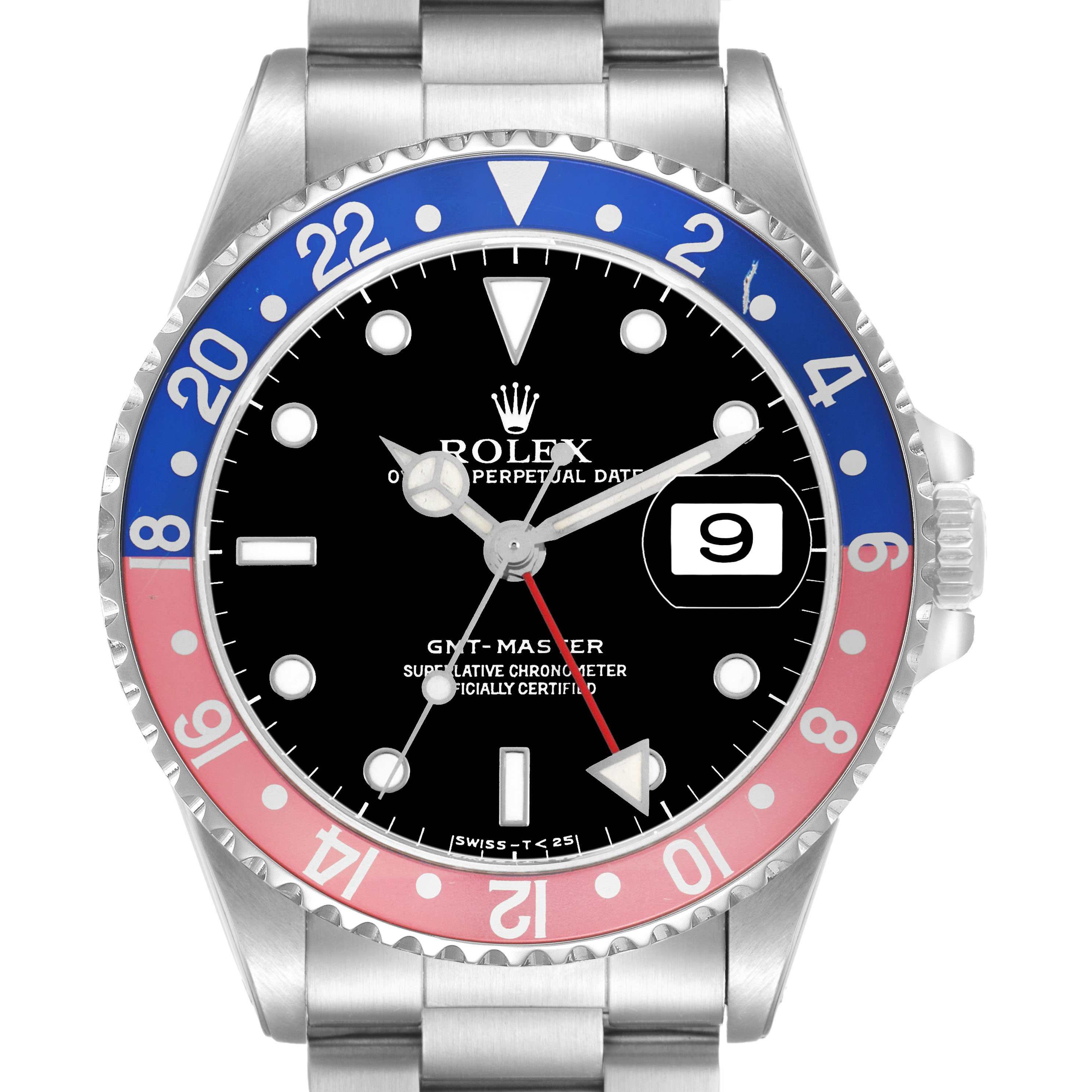 The Rolex GMT-Master 16700 Men's Stainless Steel Black Dial watch is shown from the front, highlighting its bezel, dial, and bracelet.