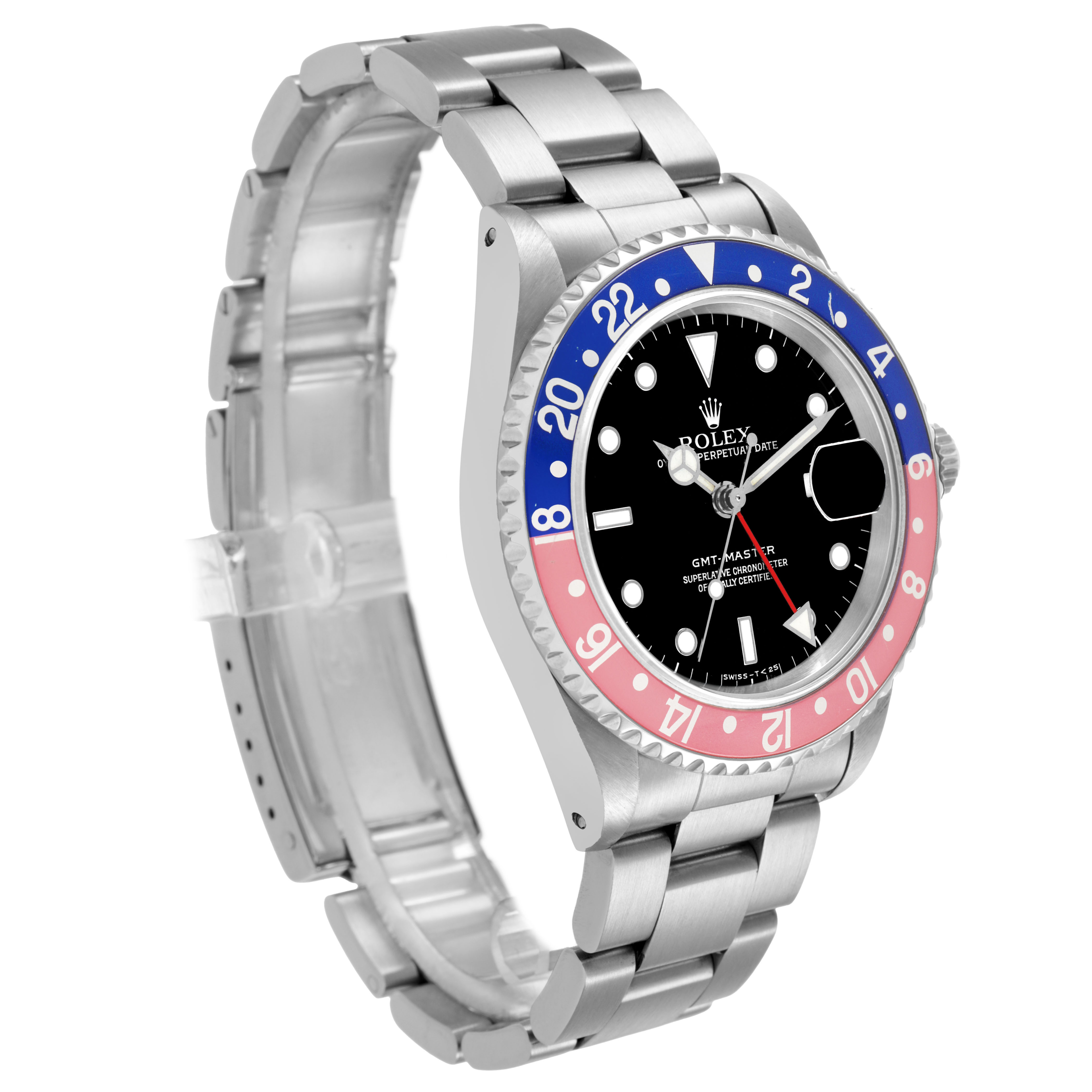 The Rolex GMT-Master 16700 Men's Stainless Steel Black Dial watch is shown at an angle, displaying the bezel, dial, and bracelet.