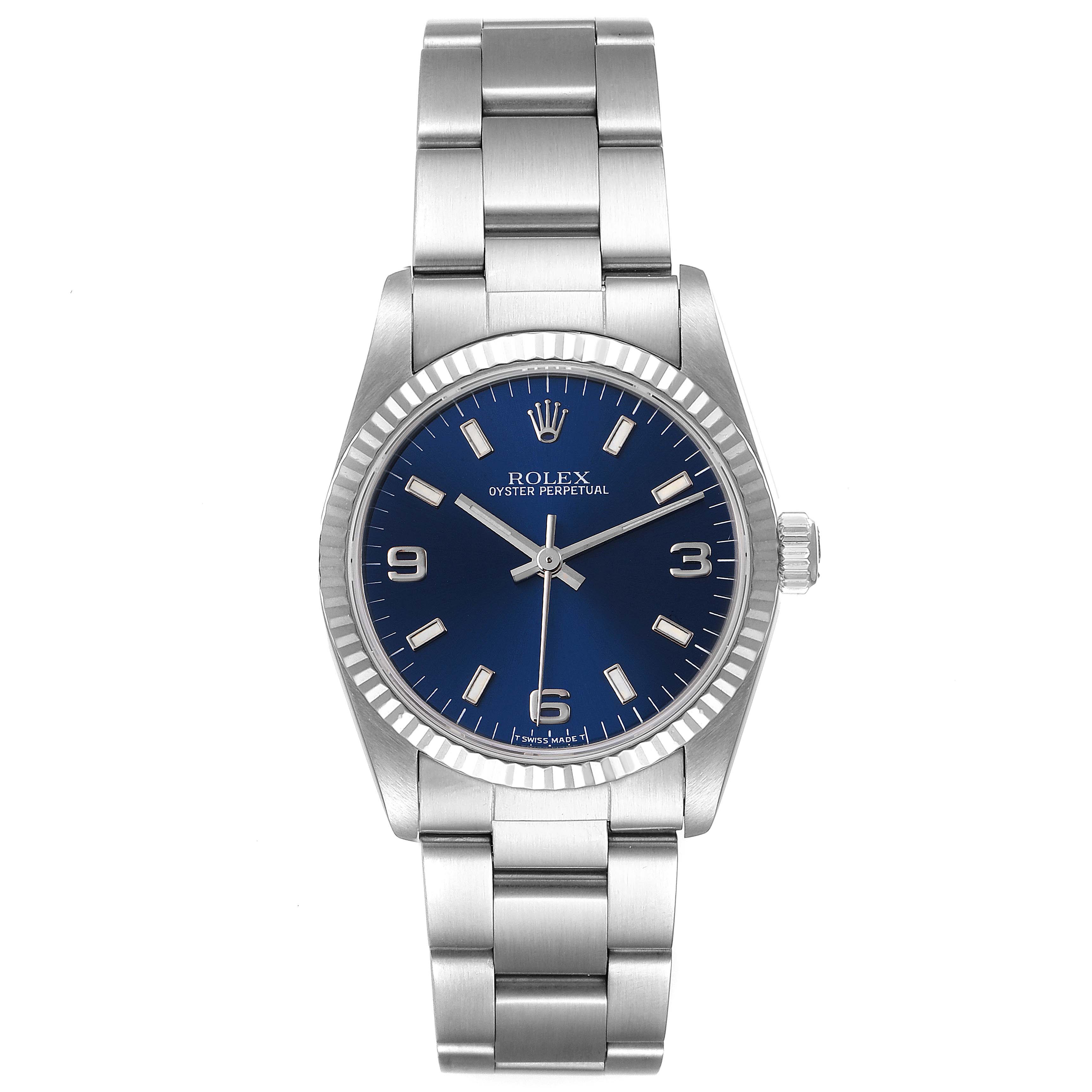 The Rolex Mid-Size 67514 Women
s Stainless Steel Blue Dial 67514 Women
s Stainless Steel Blue Dial model watch is shown from a straight-on angle, displaying the face, bezel, and bracelet.