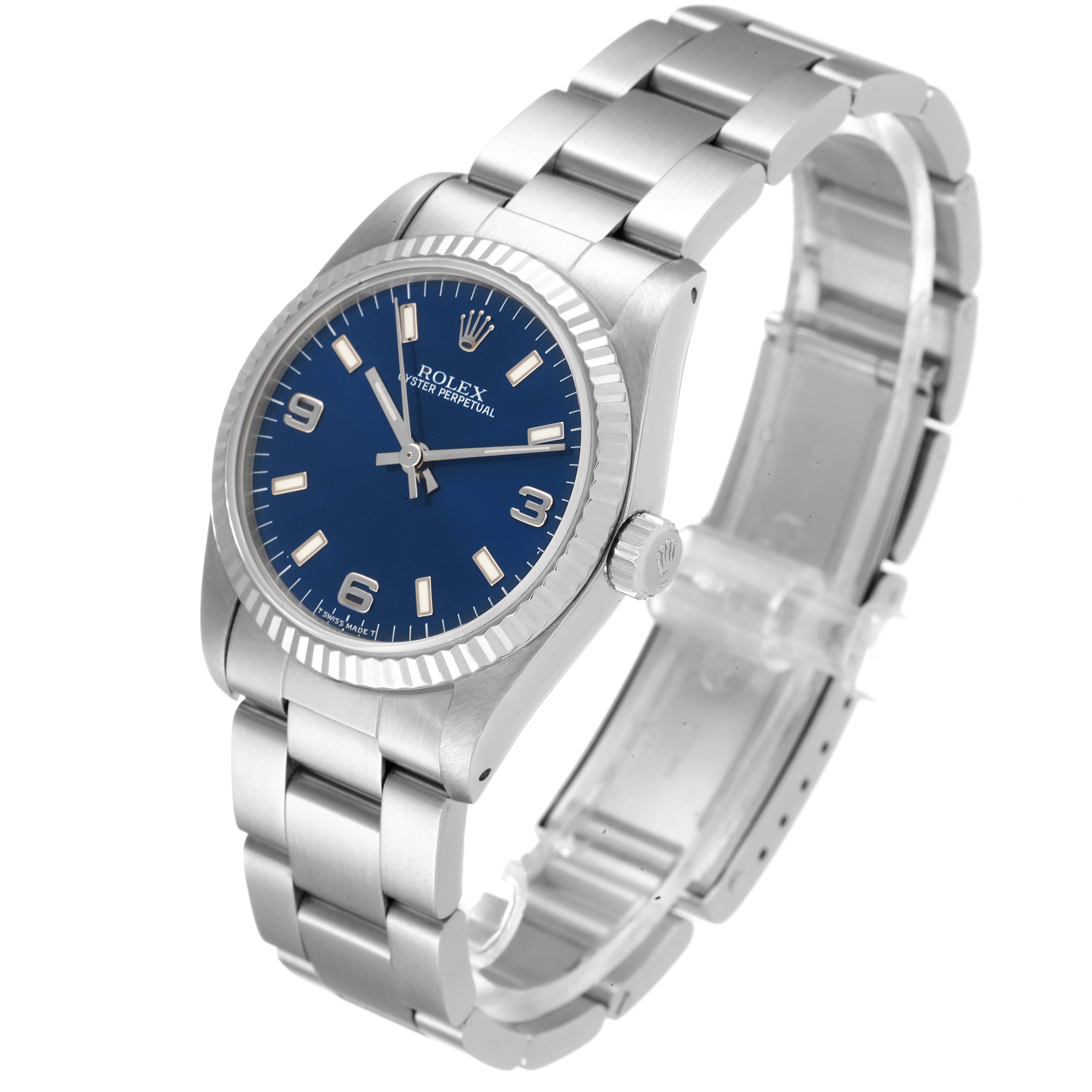 The Rolex Mid-Size 67514 Women
s Stainless Steel Blue Dial 67514 Women
s Stainless Steel Blue Dial model watch is shown at a three-quarter angle, highlighting the blue dial, crown, bracelet, and clasp.