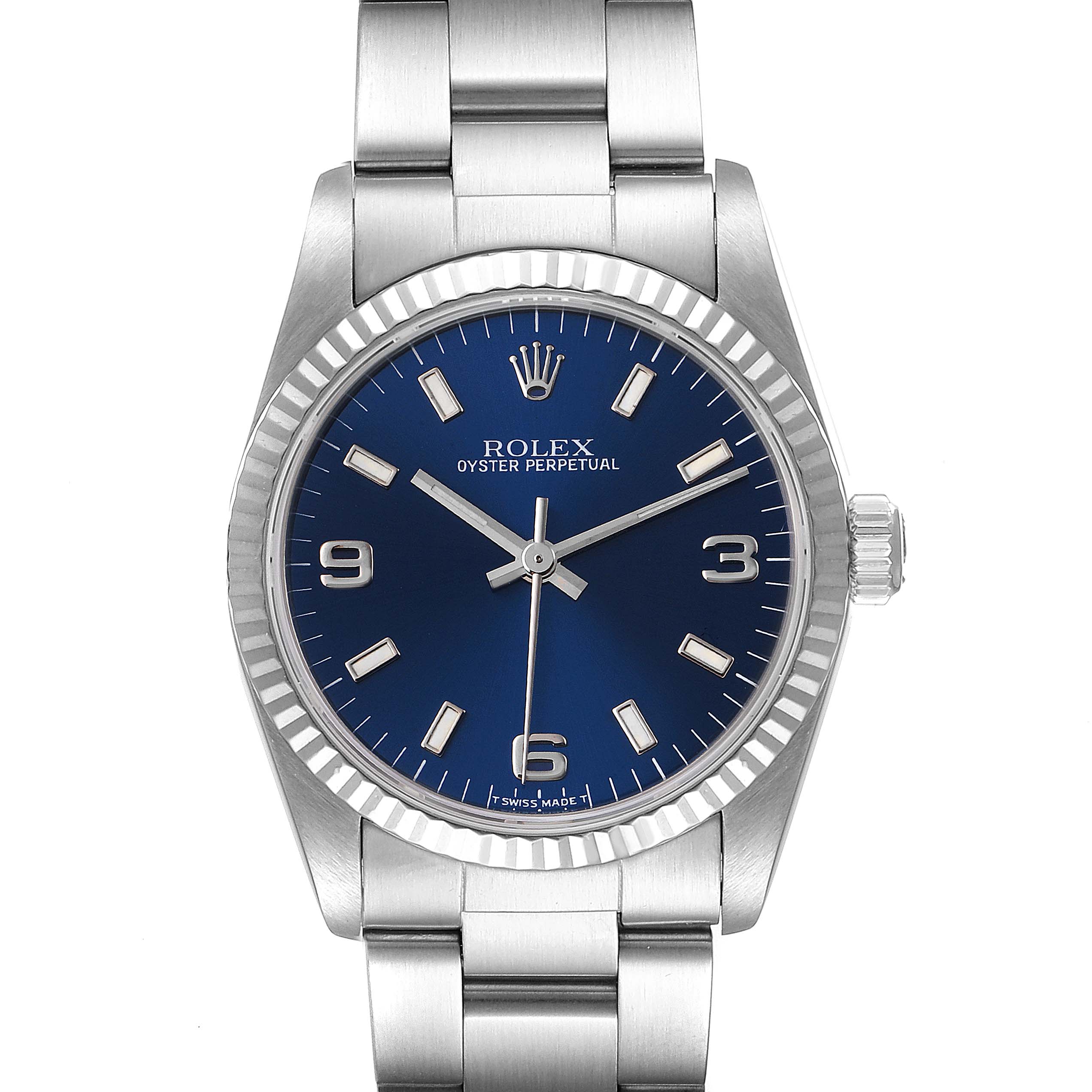 This image shows a front view of a Rolex Oyster Perpetual Mid-Size watch with a blue dial and metallic bracelet.