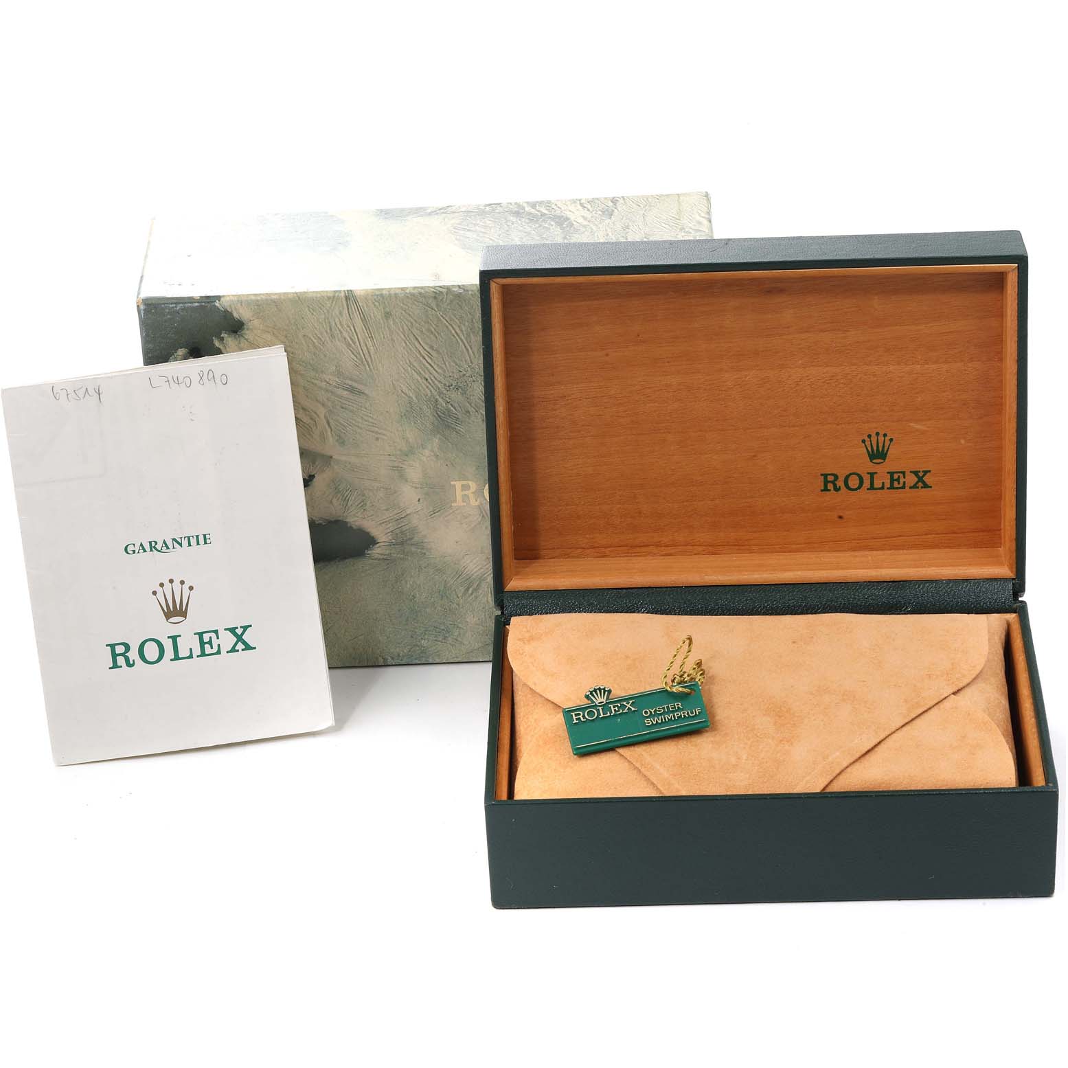 The image shows a Rolex Mid-Size 67514 Women
s Stainless Steel Blue Dial 67514 Women
s Stainless Steel Blue Dial watch box, warranty booklet, and an enclosed suede pouch inside a wooden case, viewed from above.