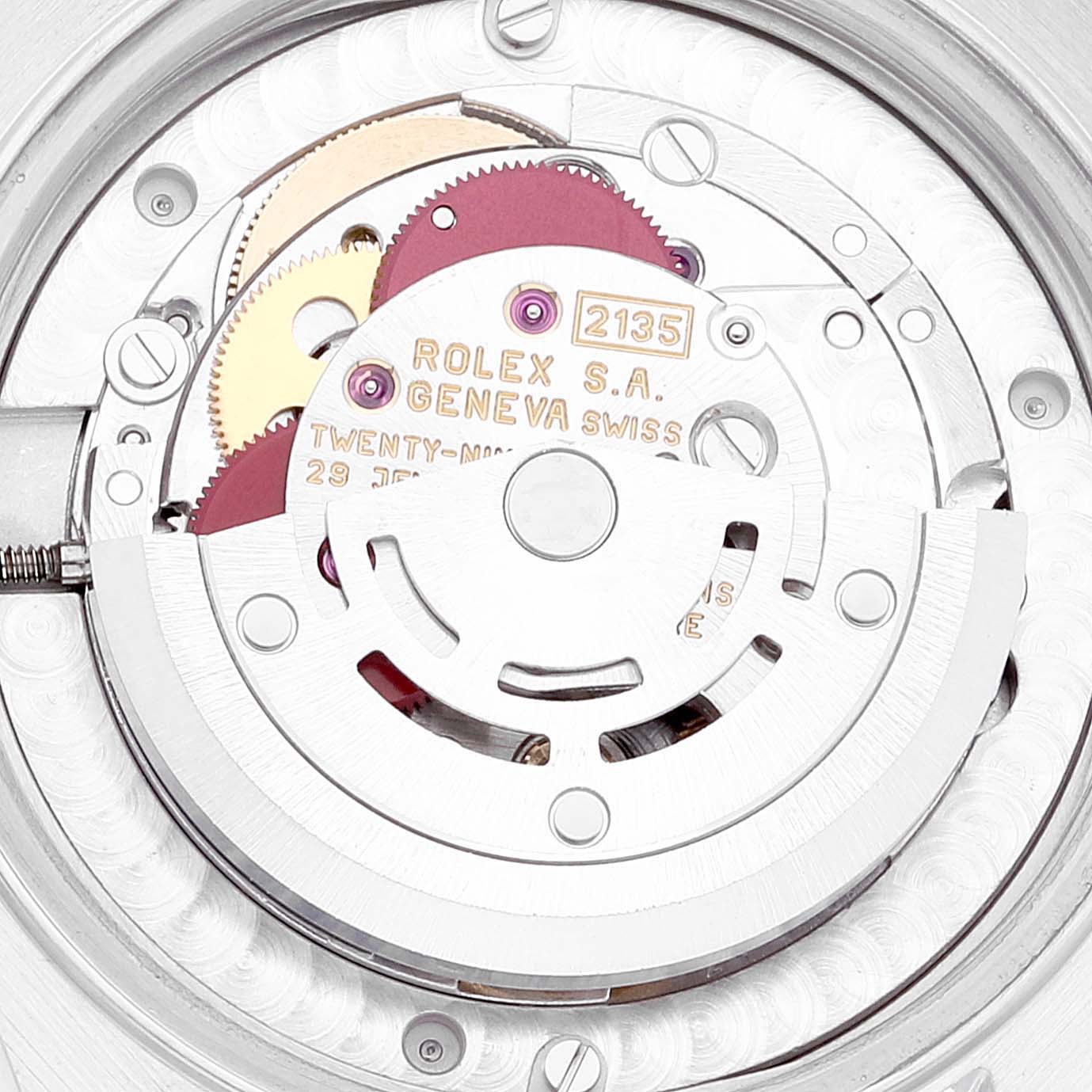 This is a close-up view of the movement inside the Rolex Datejust 68240 Women's Stainless Steel Pink Dial 68240 Women's Stainless Steel Pink Dial watch, showcasing its intricate gears and mechanics.