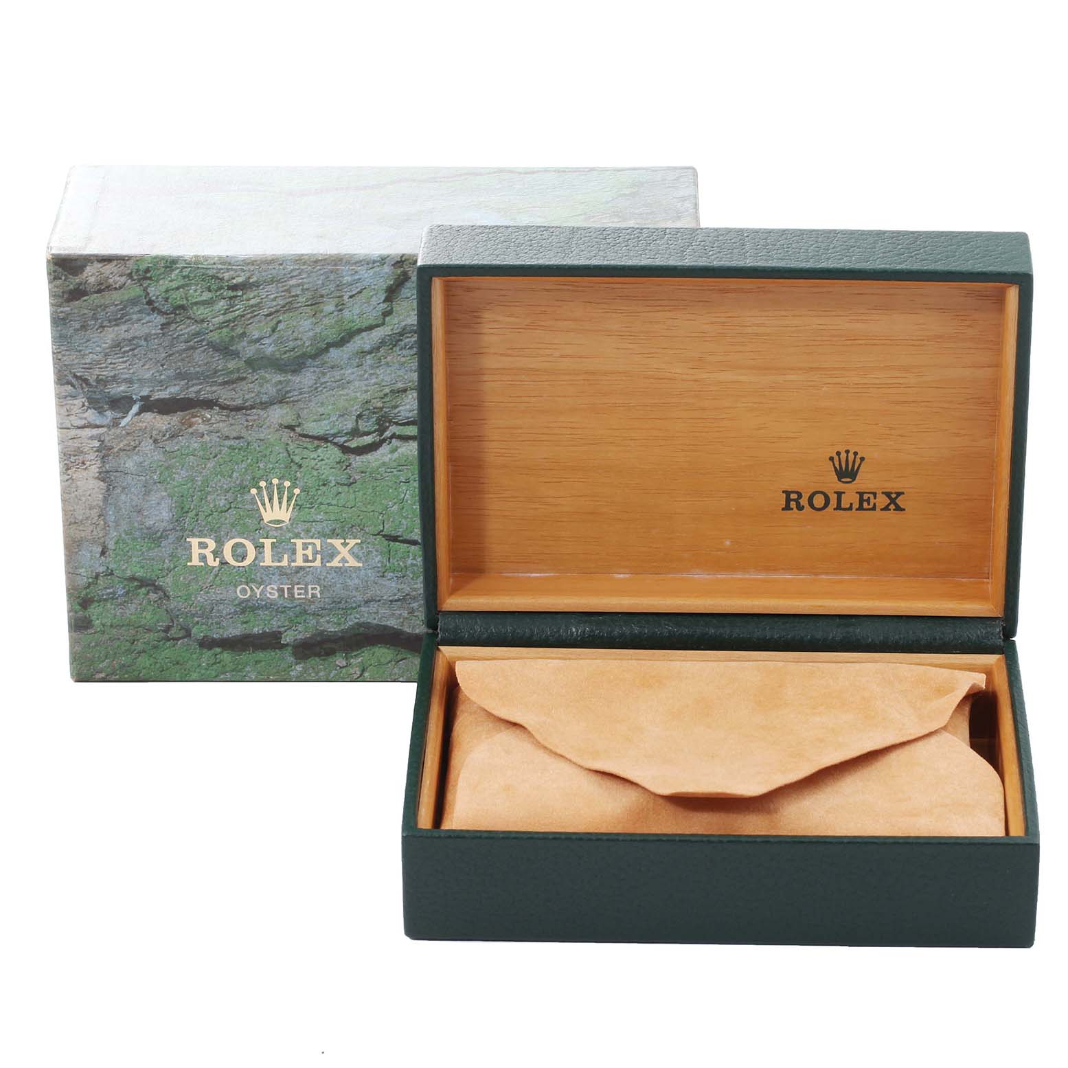 The image shows the opened box for a Rolex Datejust 68240 Women's Stainless Steel Pink Dial 68240 Women's Stainless Steel Pink Dial watch, displaying the inner wooden compartment and protective pouch.